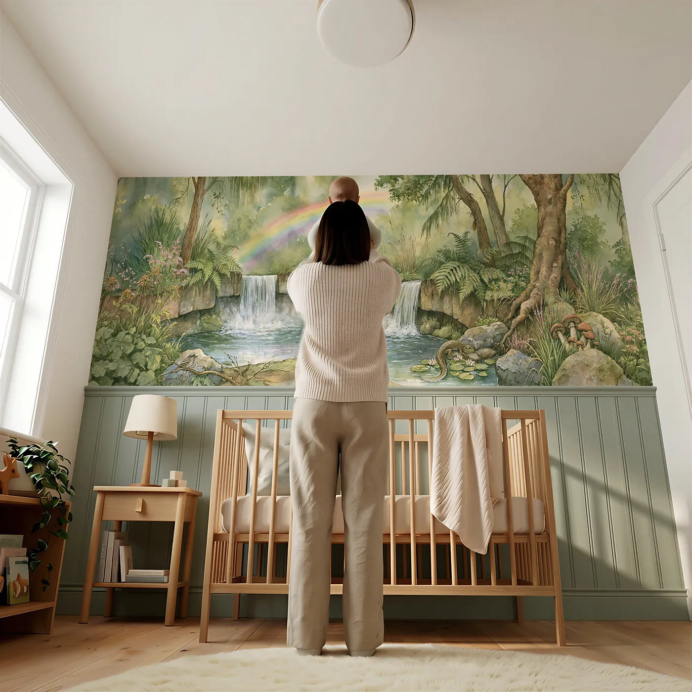 Child reading near Falls Bow At The Falls Wainscoting Wallpaper by Whimsy Tots
