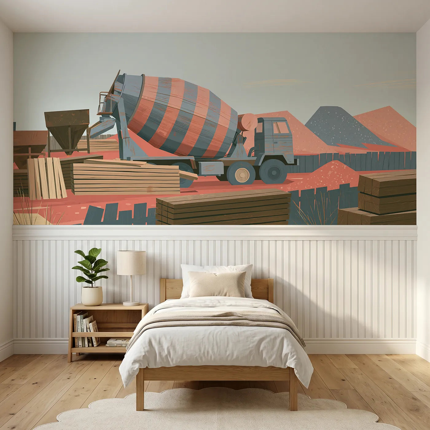 Modern illustration wainscoting wallpaper of a mixer drum turning slow by Whimsy Tots