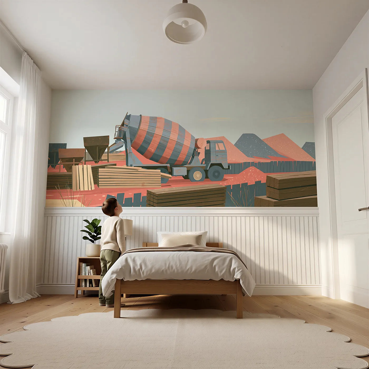 Child reading near Mixer Drum Turning Slow Wainscoting Wallpaper by Whimsy Tots