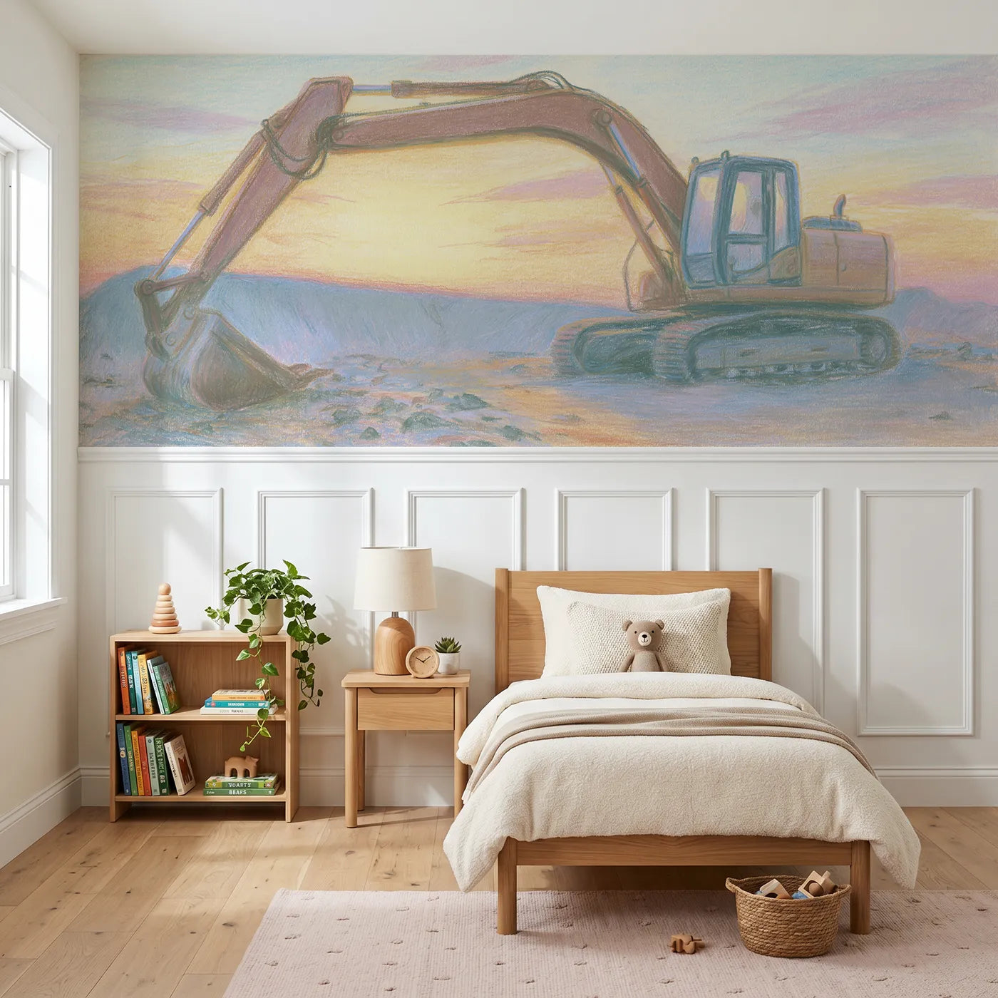 Colored pencil wainscoting wallpaper of a bucket resting at dusk by Whimsy Tots