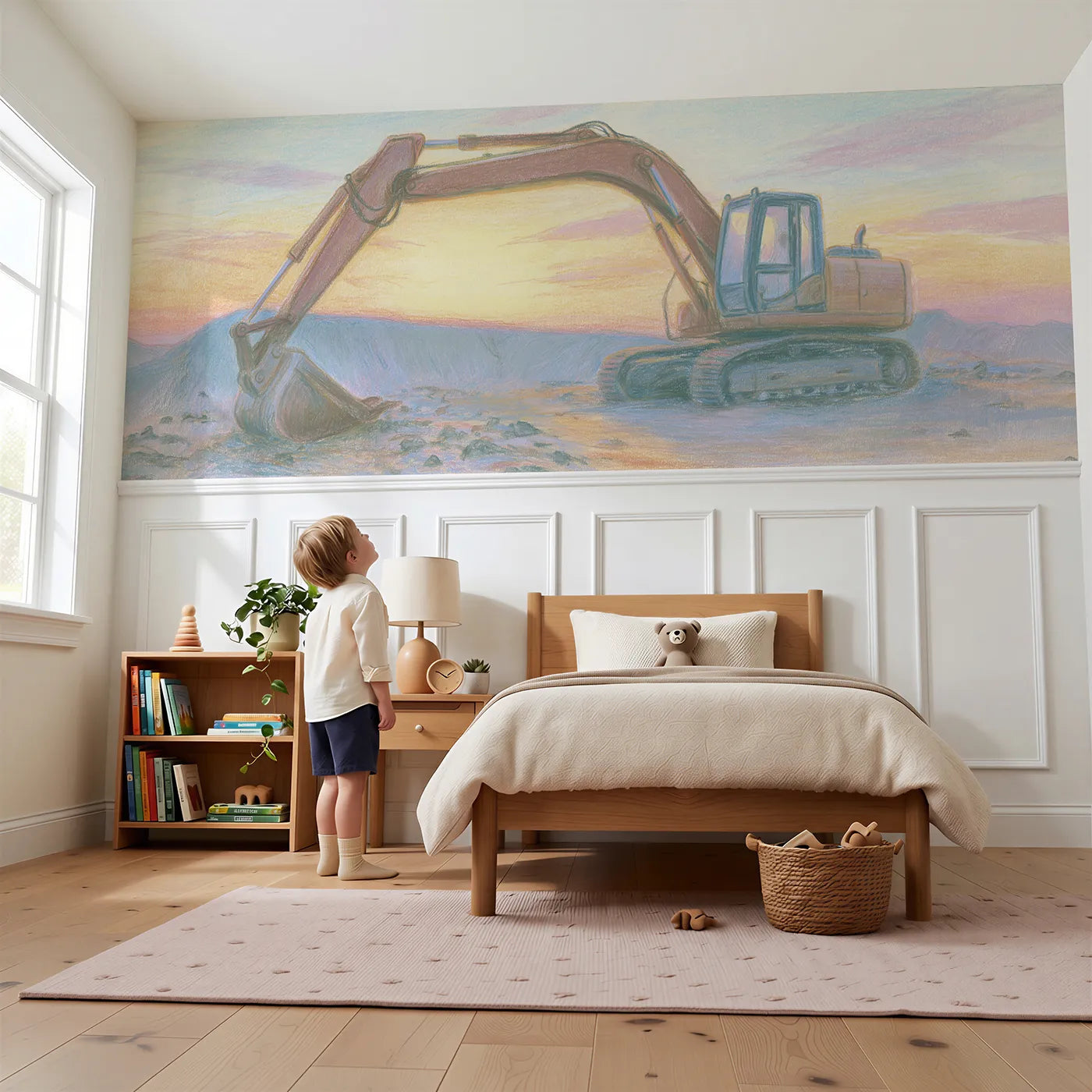 Child reading near Bucket Resting At Dusk Wainscoting Wallpaper by Whimsy Tots