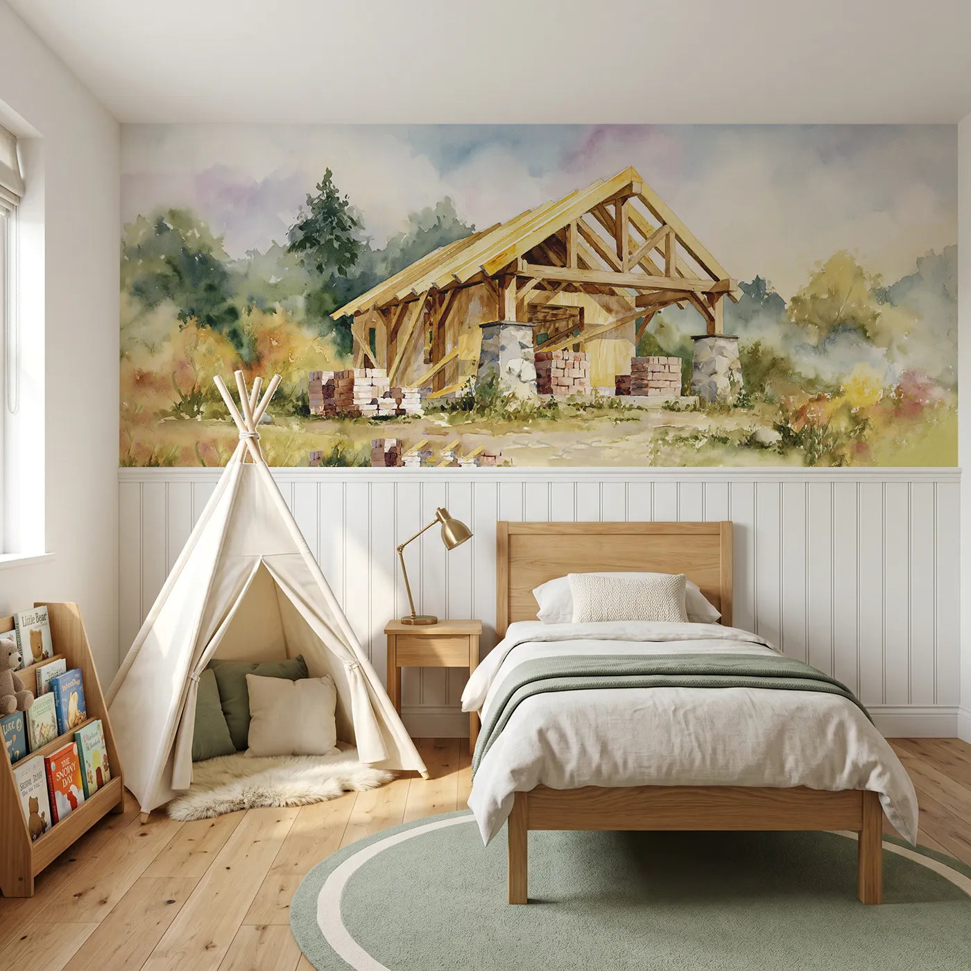 Watercolor wainscoting wallpaper of new roof beams going up by Whimsy Tots