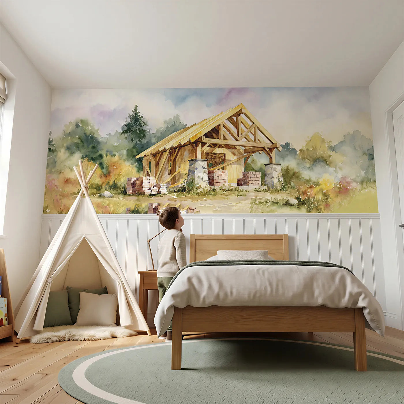 Child reading near Roof Beams Going Up Wainscoting Wallpaper by Whimsy Tots