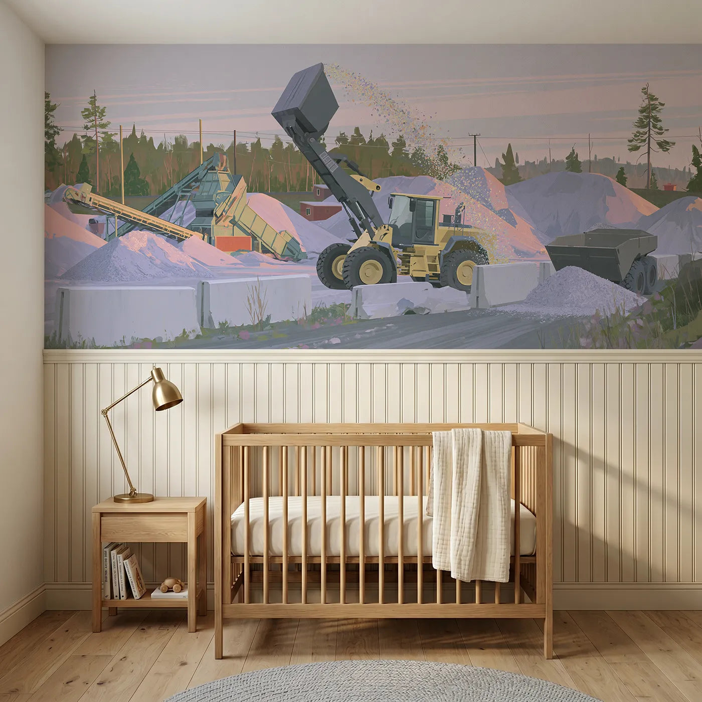Modern illustration wainscoting wallpaper of a loader and sparkling gravel by Whimsy Tots