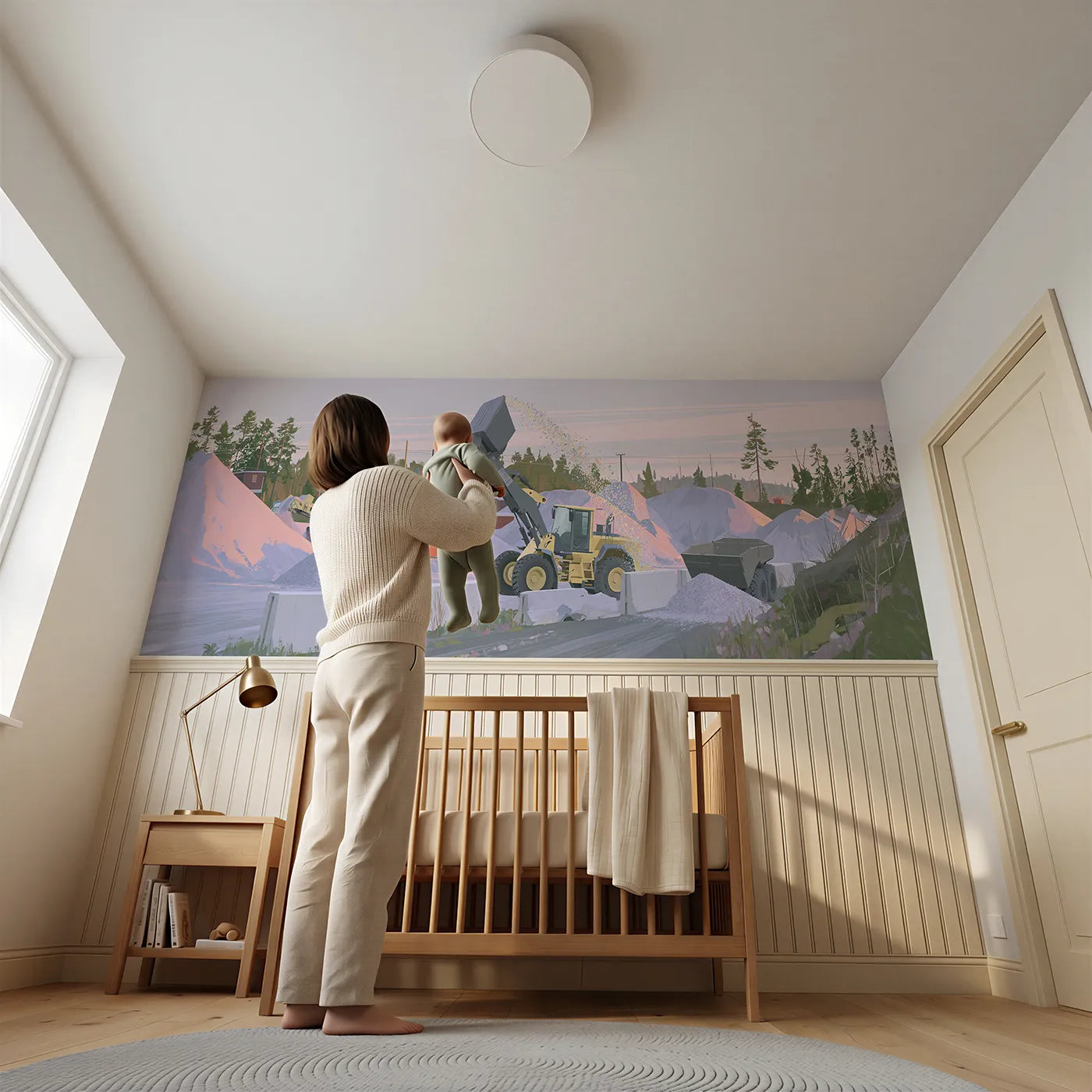 Child reading near Loader Scooping Sparkling Gravel Wainscoting Wallpaper by Whimsy Tots