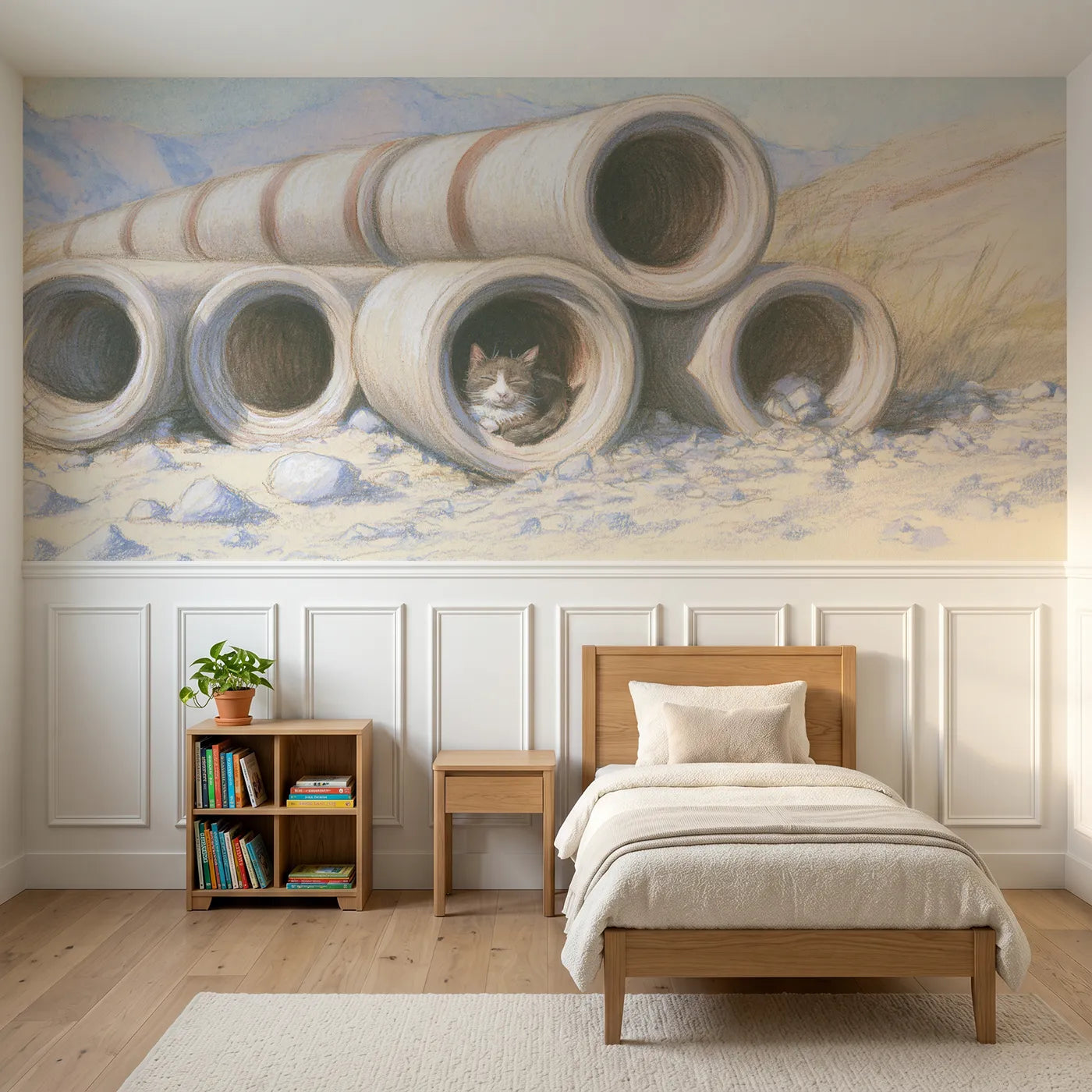 Colored pencil wainscoting wallpaper of a site cat in warm pipes by Whimsy Tots