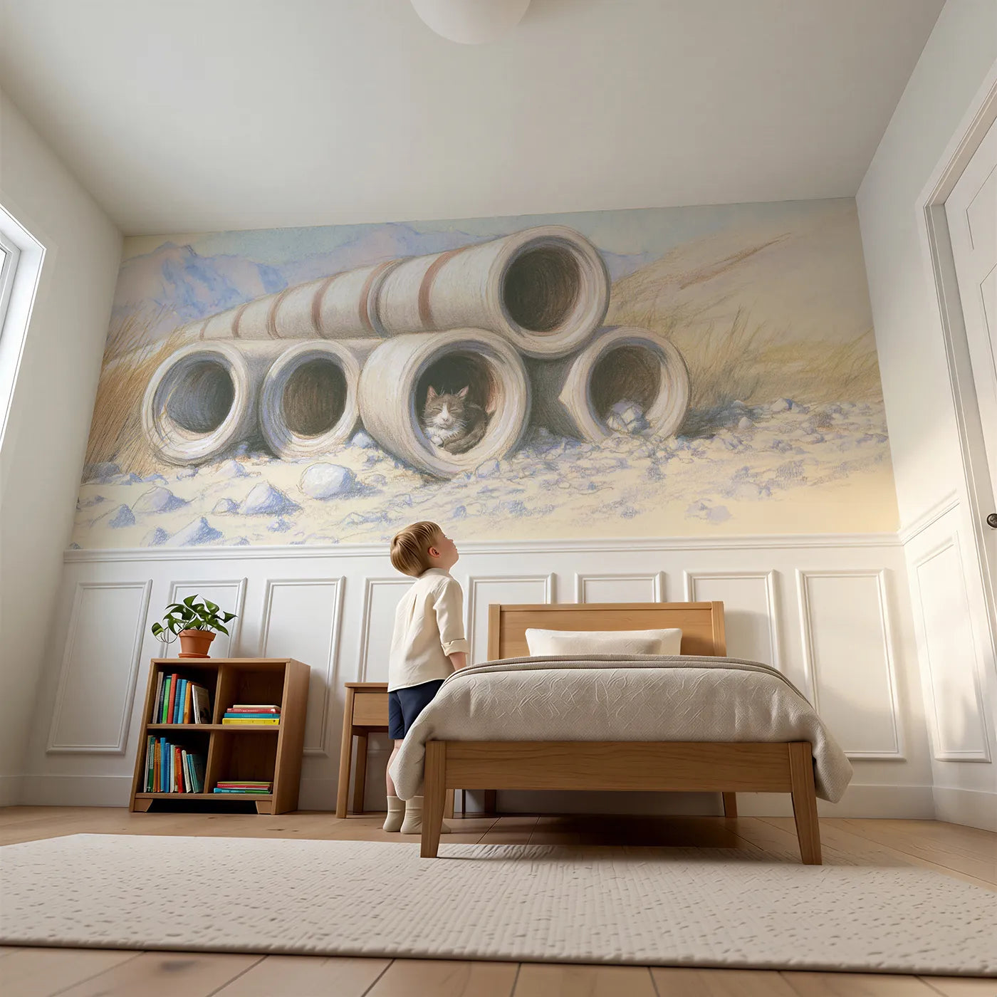 Child reading near Warm Pipes Site Cat Wainscoting Wallpaper by Whimsy Tots