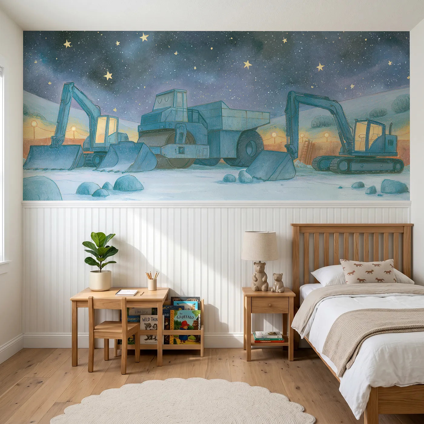 Colored pencil wainscoting wallpaper of a worksite asleep under stars by Whimsy Tots