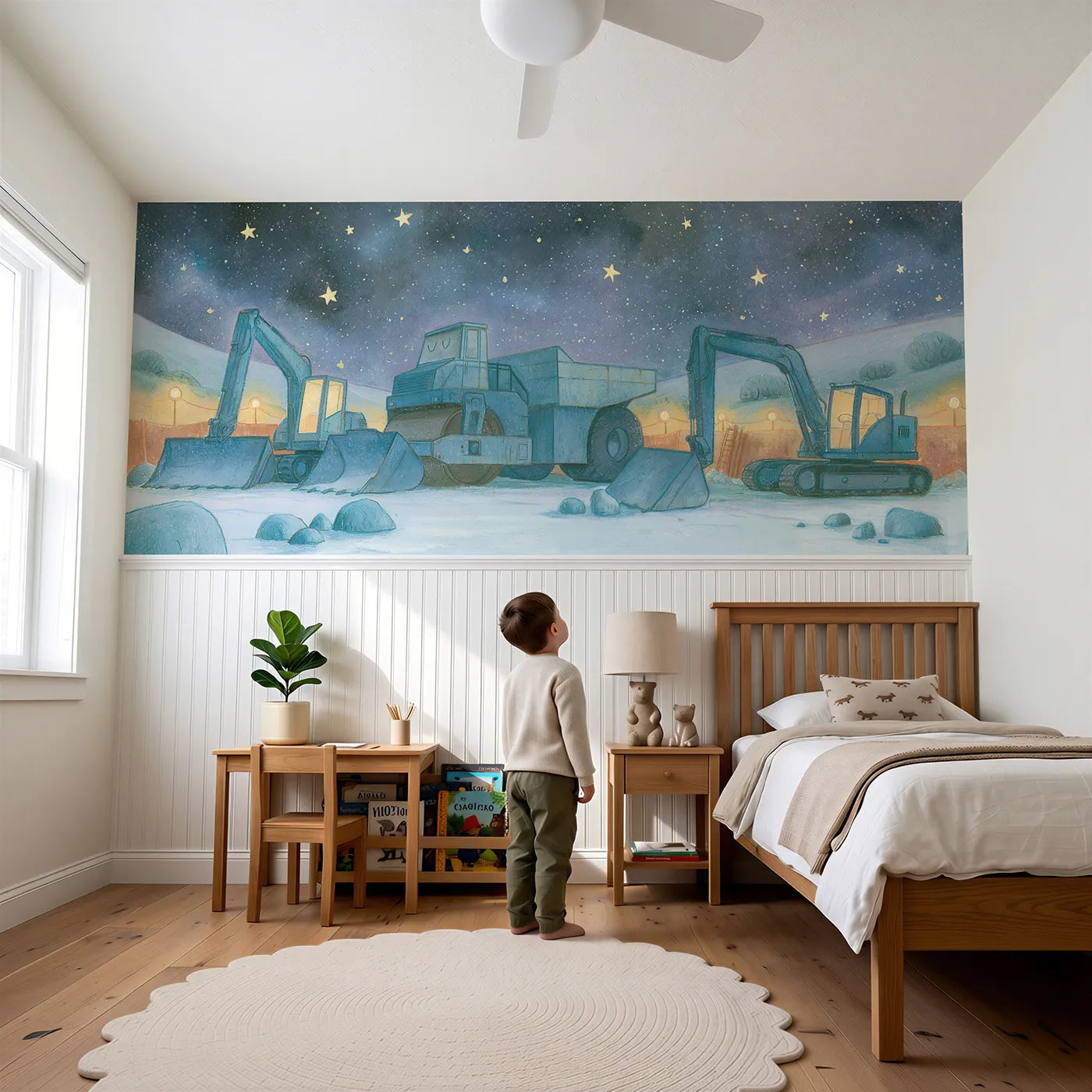Child reading near Site Asleep Under Stars Wainscoting Wallpaper by Whimsy Tots
