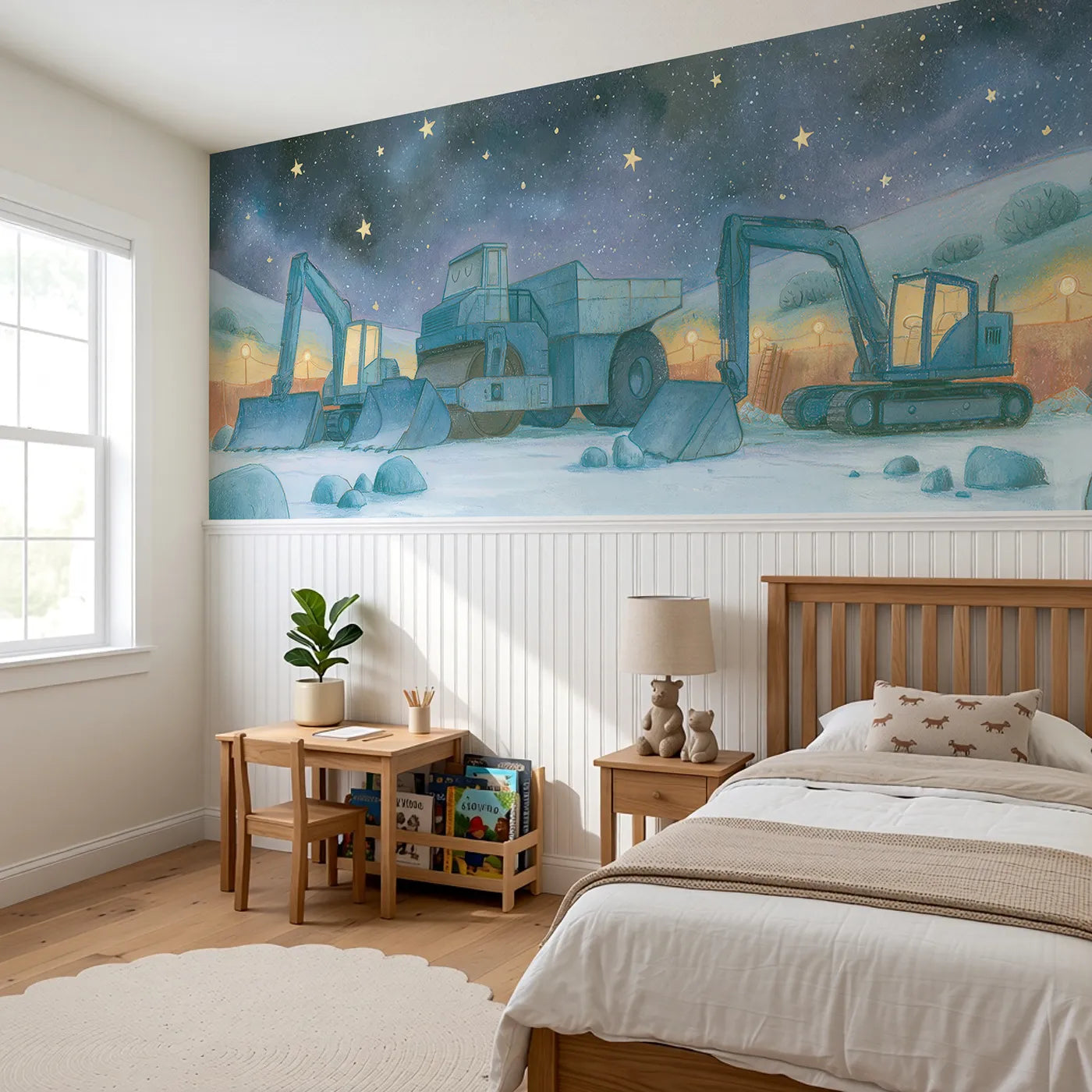 Site Asleep Under Stars Wainscoting Wallpaper styled in a kids room by Whimsy Tots