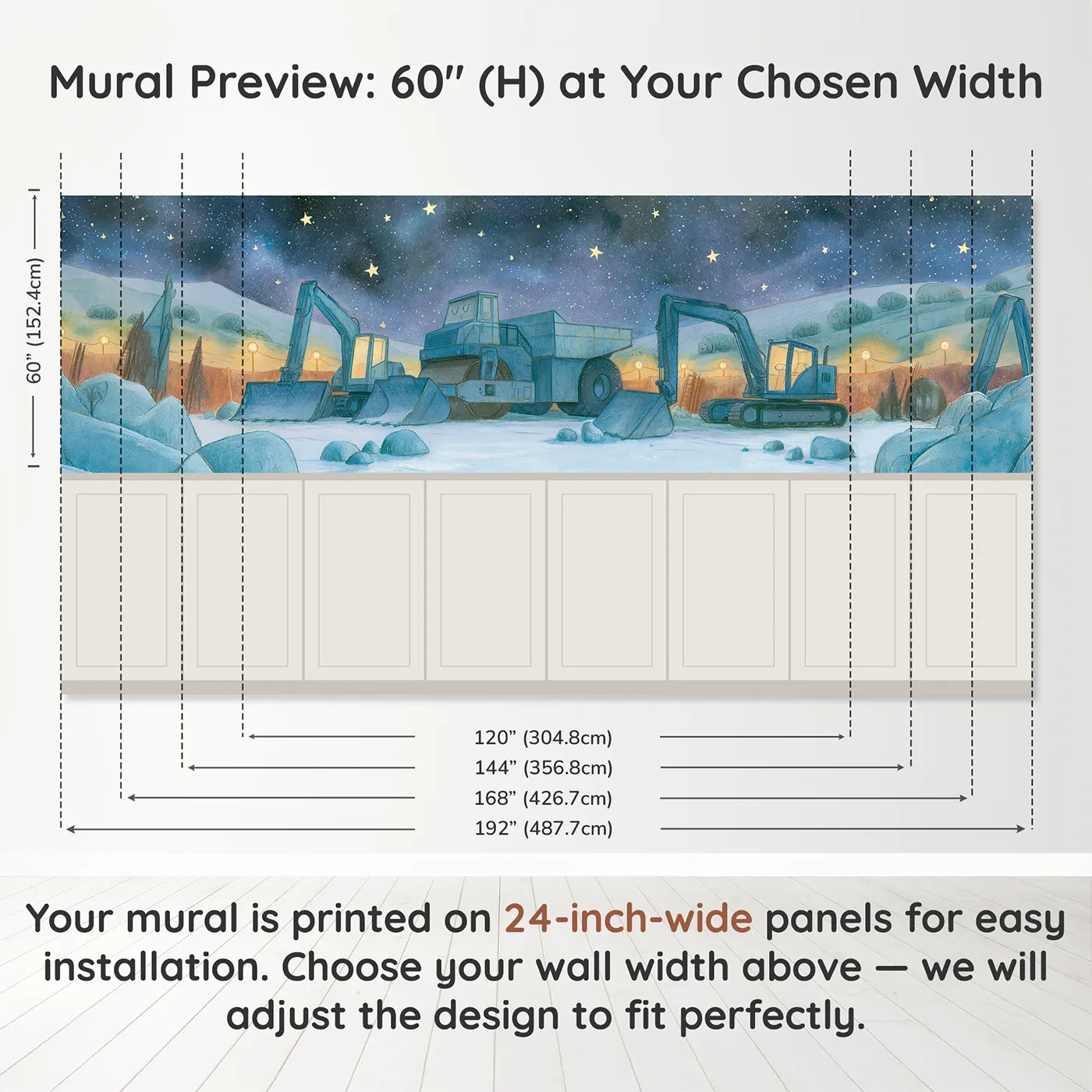 Panel dimensions for Site Asleep Under Stars Wainscoting Wallpaper by Whimsy Tots