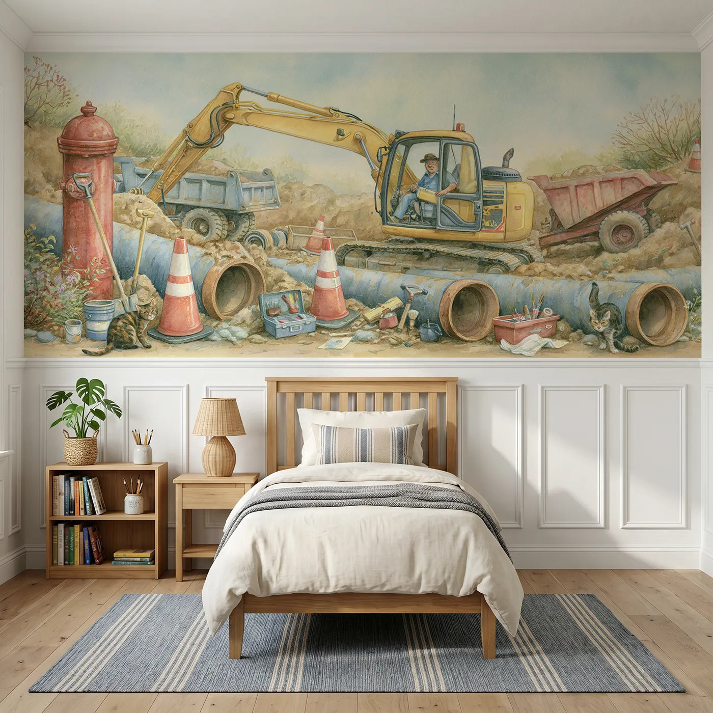 Storybook wainscoting wallpaper of a cheerful digger at work by Whimsy Tots