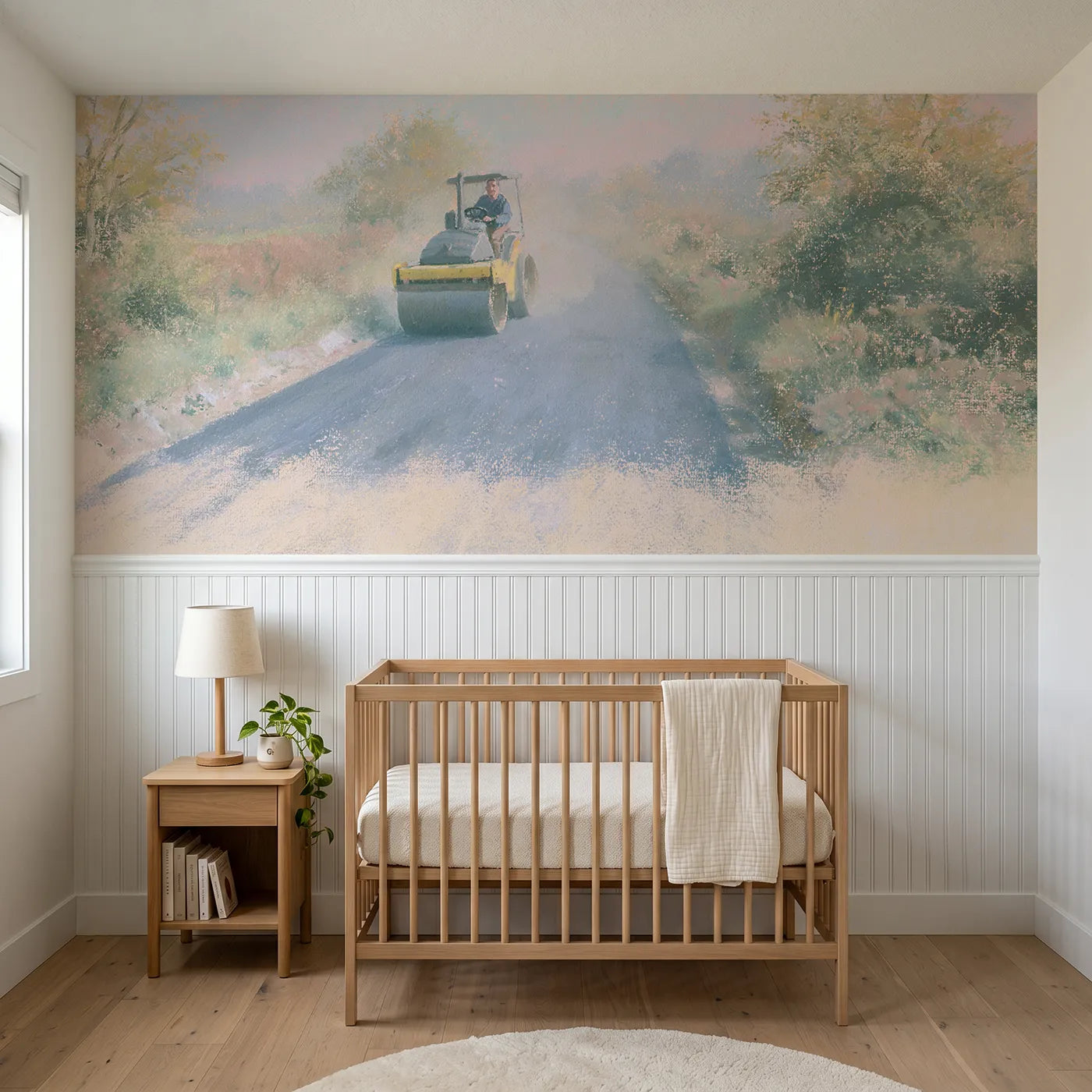 Soft pastel wainscoting wallpaper of a roller on a black ribbon by Whimsy Tots