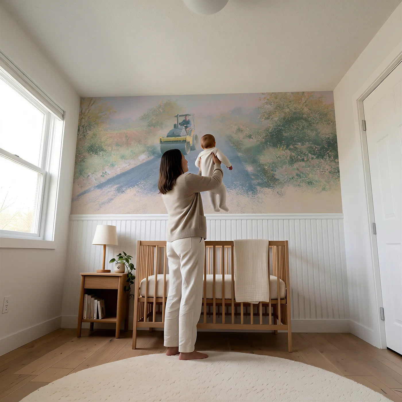 Child reading near Roller On Black Ribbon Wainscoting Wallpaper by Whimsy Tots