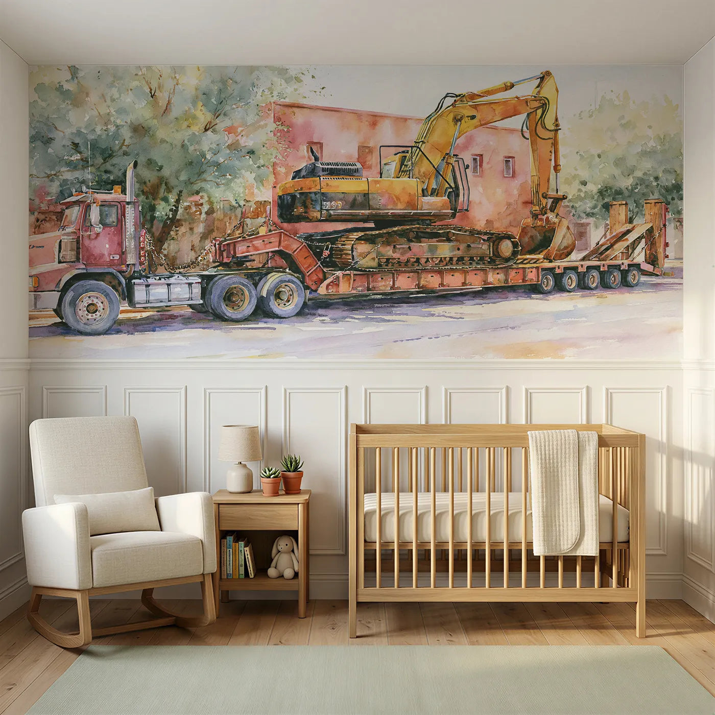 Watercolor wainscoting wallpaper of a digger riding a low loader by Whimsy Tots