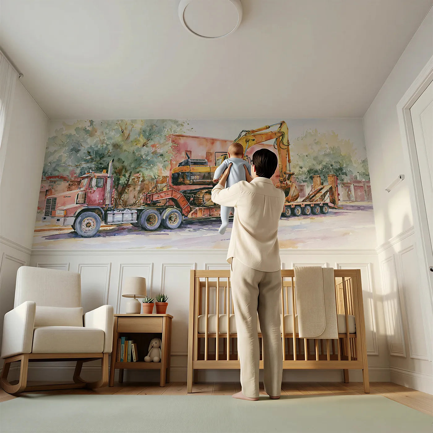 Child reading near Digger Riding Low Loader Wainscoting Wallpaper by Whimsy Tots