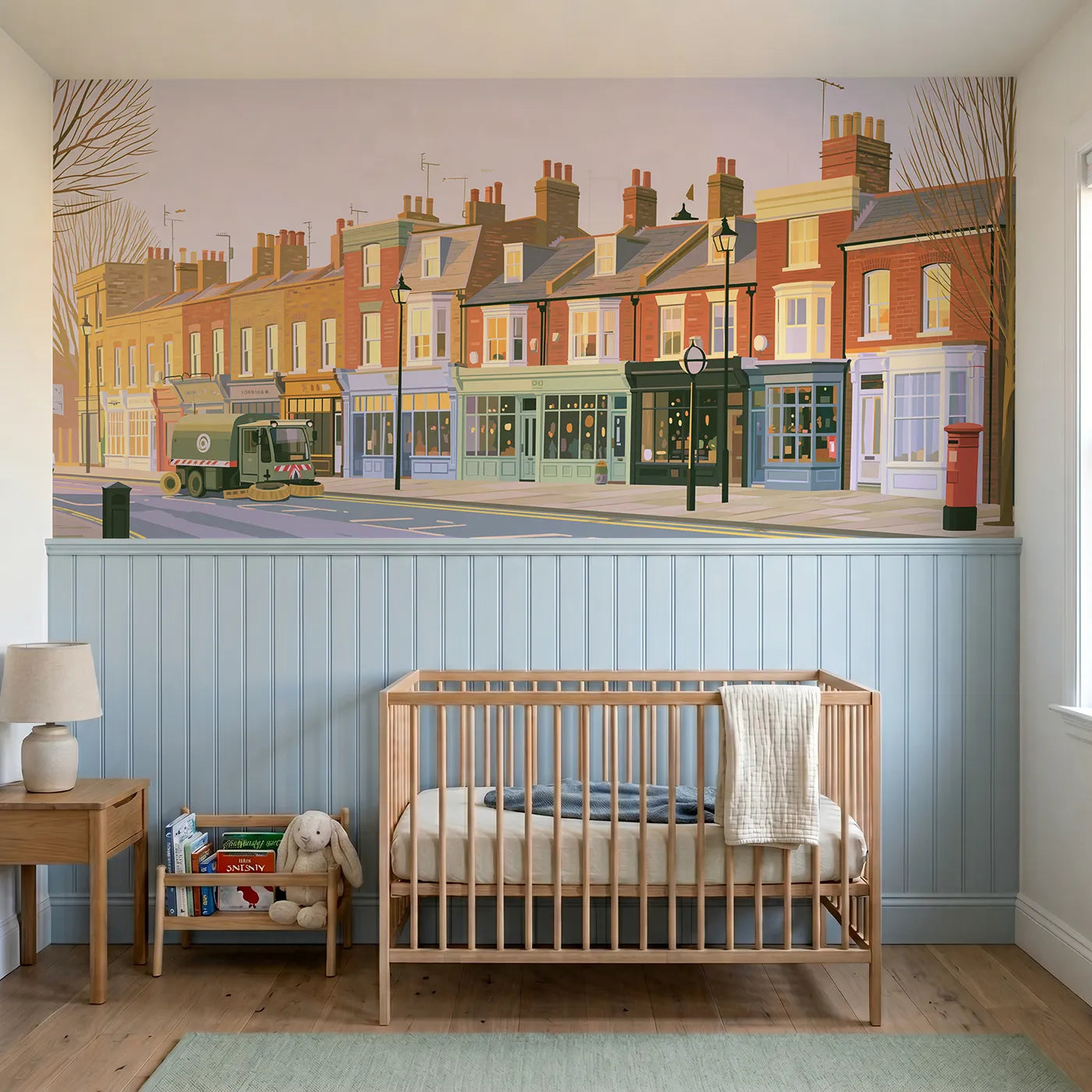 Modern illustration wainscoting wallpaper of a sweeper with brushes by Whimsy Tots