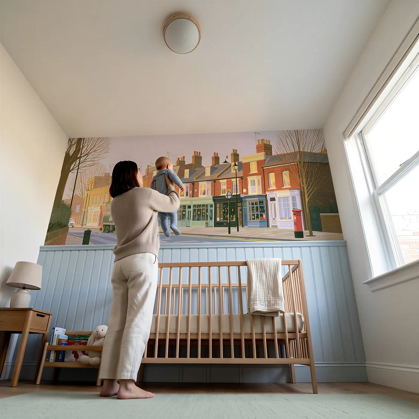 Child reading near Sweeper With Spinning Brushes Wainscoting Wallpaper by Whimsy Tots