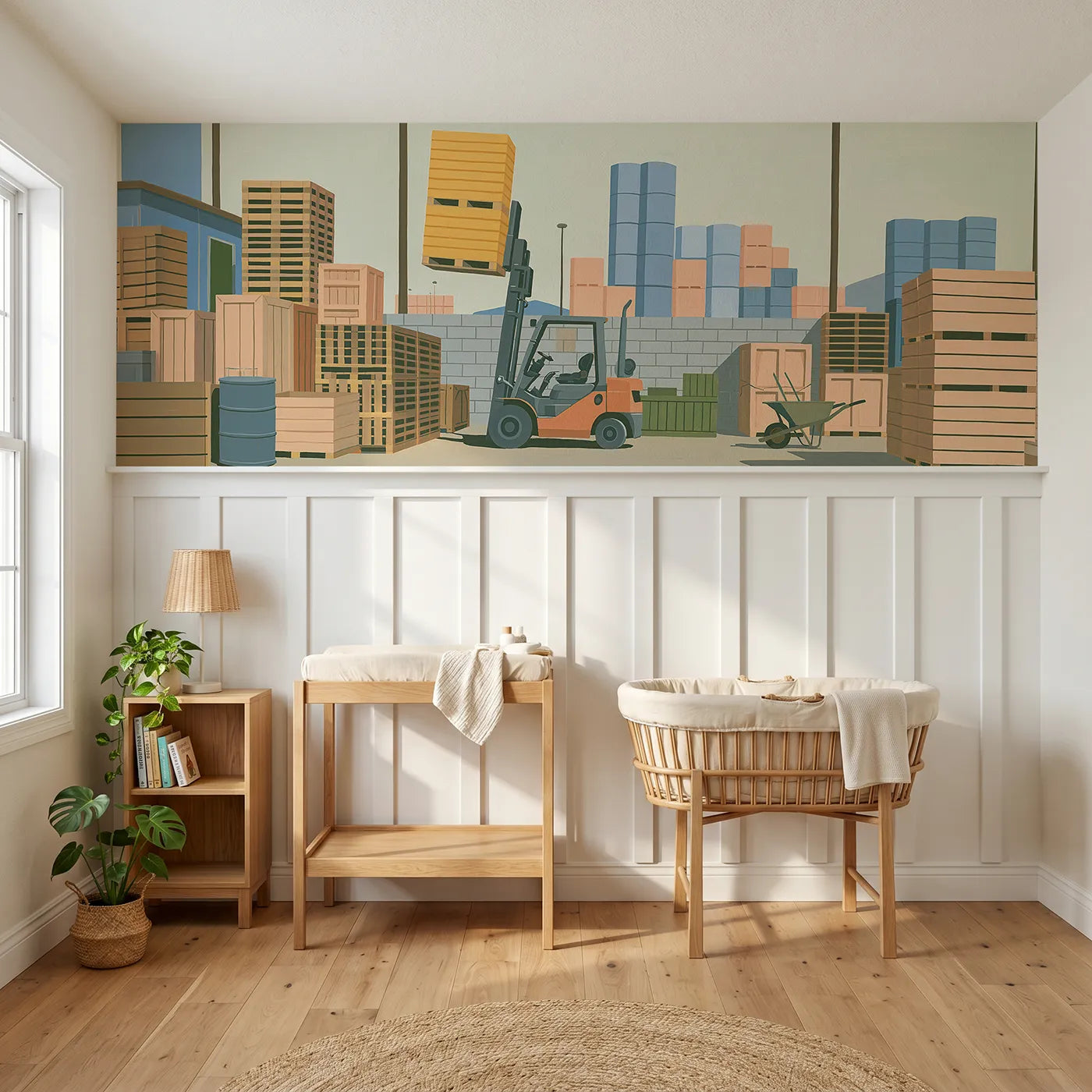 Modern illustration wainscoting wallpaper of a forklift stacking pallets by Whimsy Tots