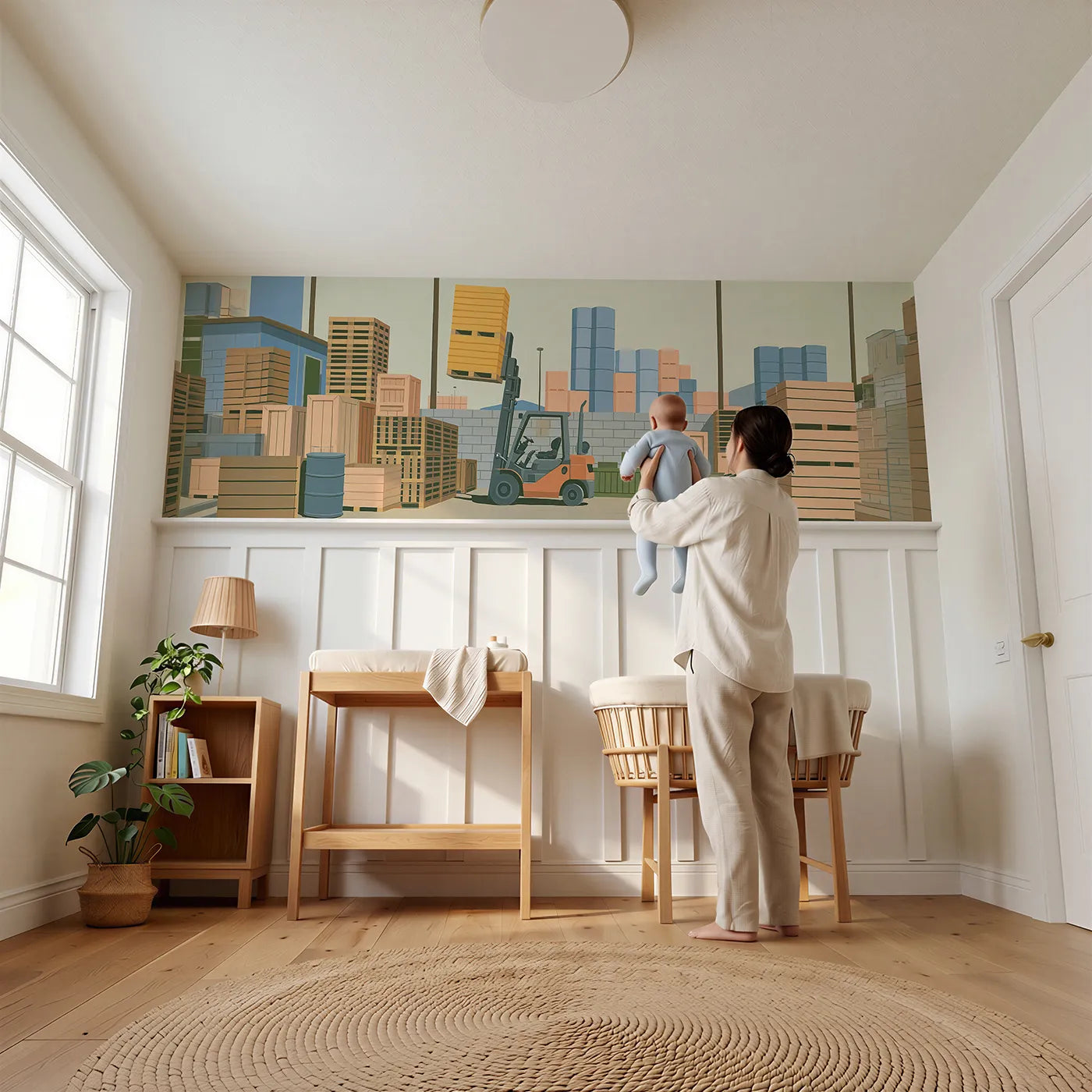 Child reading near Forklift Stacking Bright Pallets Wainscoting Wallpaper by Whimsy Tots
