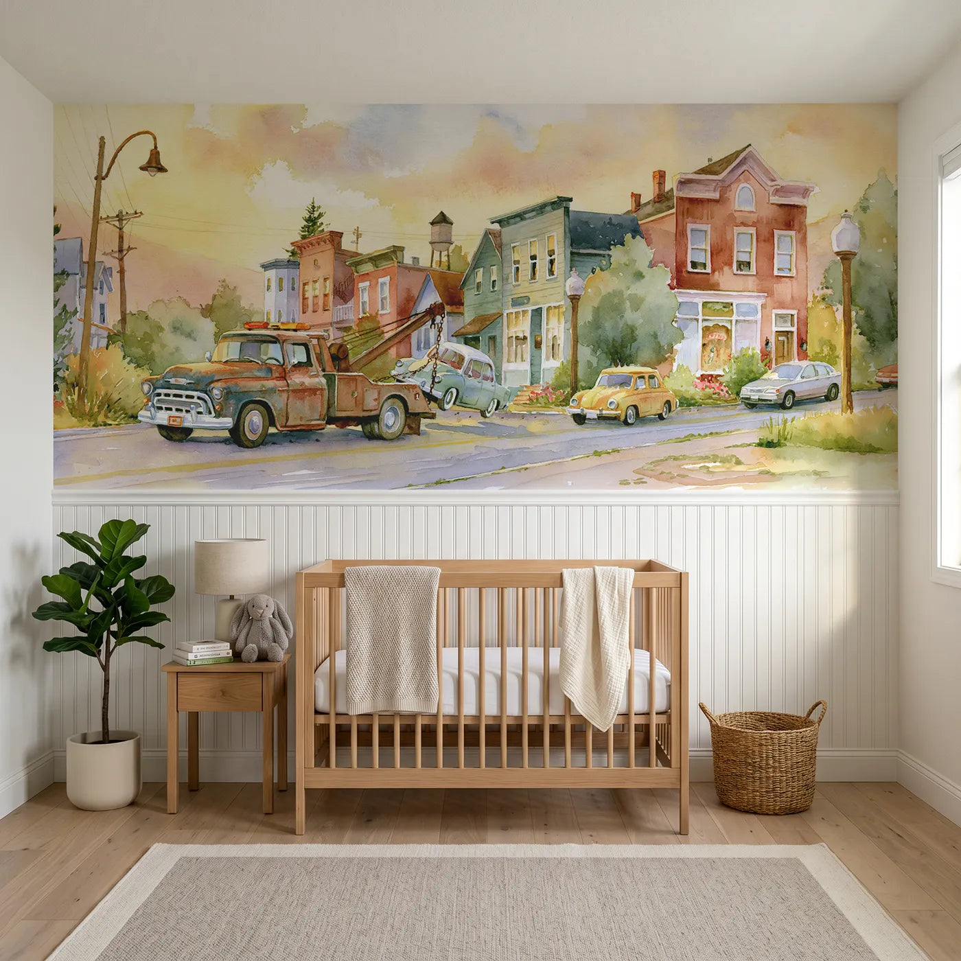 Watercolor wainscoting wallpaper of a tow truck bringing a car home by Whimsy Tots