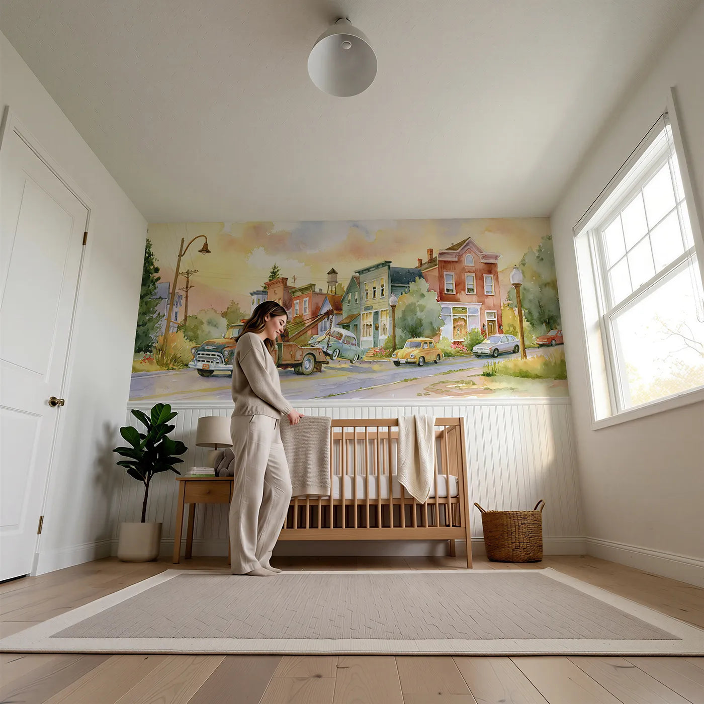 Child reading near Tow Truck Bringing Home Wainscoting Wallpaper by Whimsy Tots