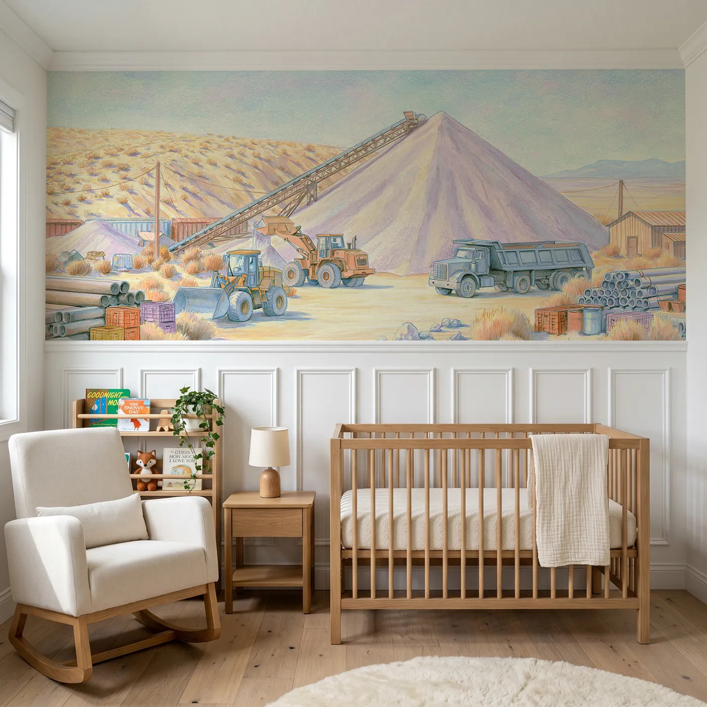 Colored pencil wainscoting wallpaper of a gravel mountain conveyor by Whimsy Tots