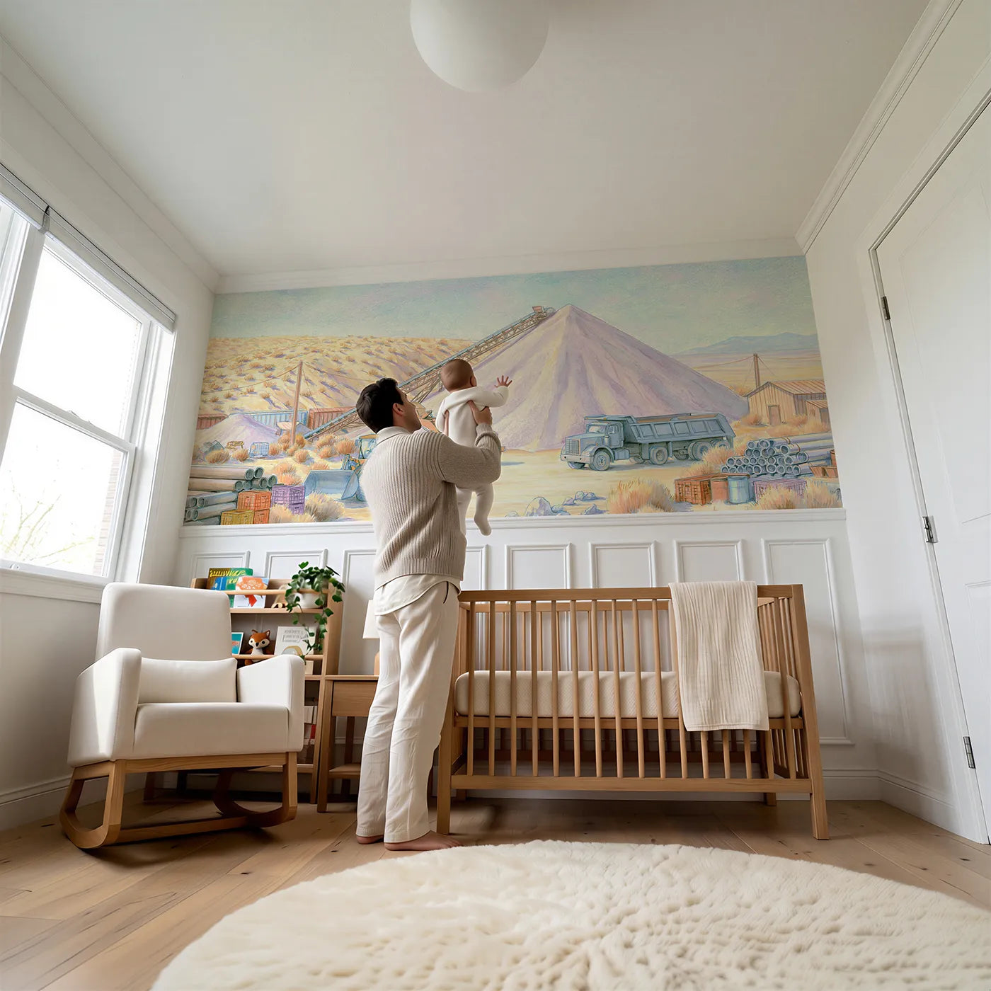 Child reading near Gravel Mountain Conveyor Wainscoting Wallpaper by Whimsy Tots