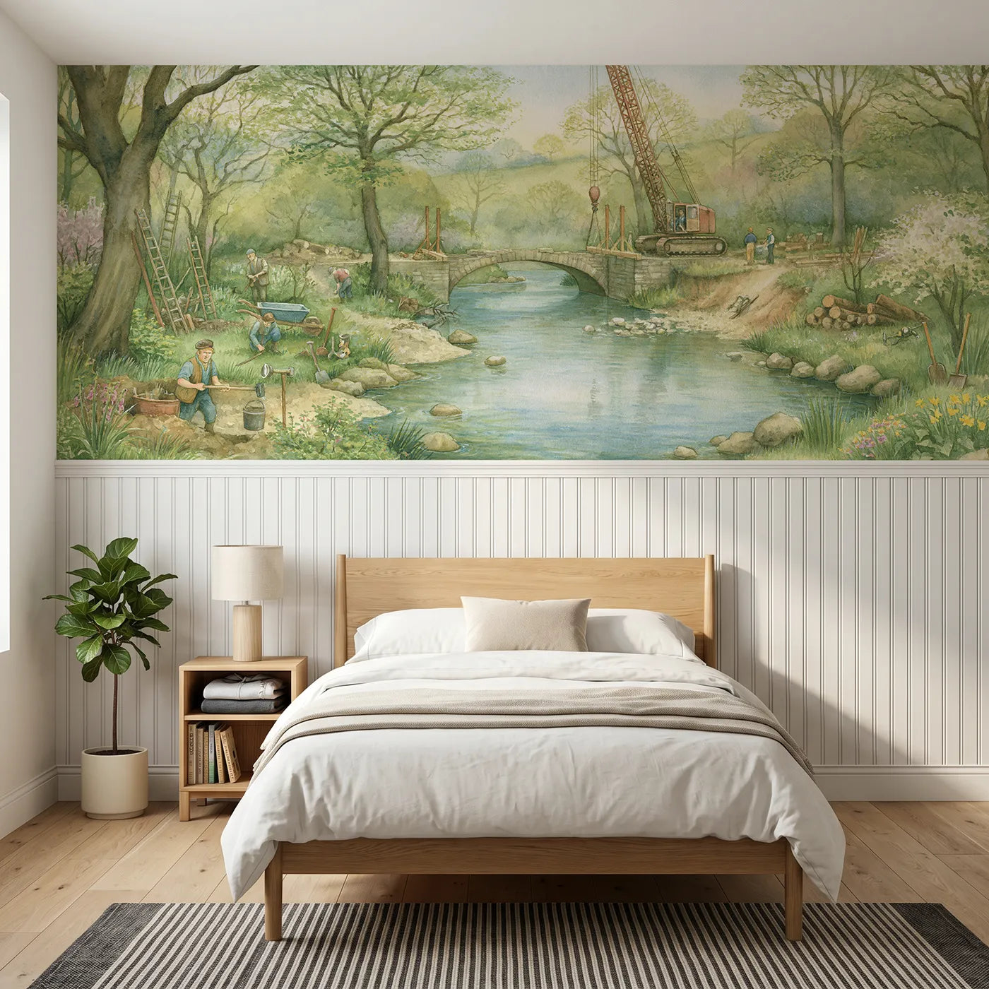 Storybook wainscoting wallpaper of a little bridge going up by Whimsy Tots