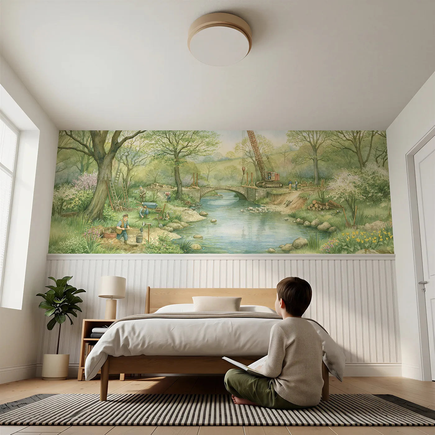 Child reading near Little Bridge Going Up Wainscoting Wallpaper by Whimsy Tots
