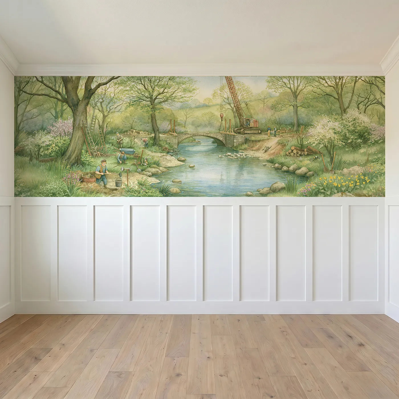 Full panel view of Little Bridge Going Up Wainscoting Wallpaper by Whimsy Tots