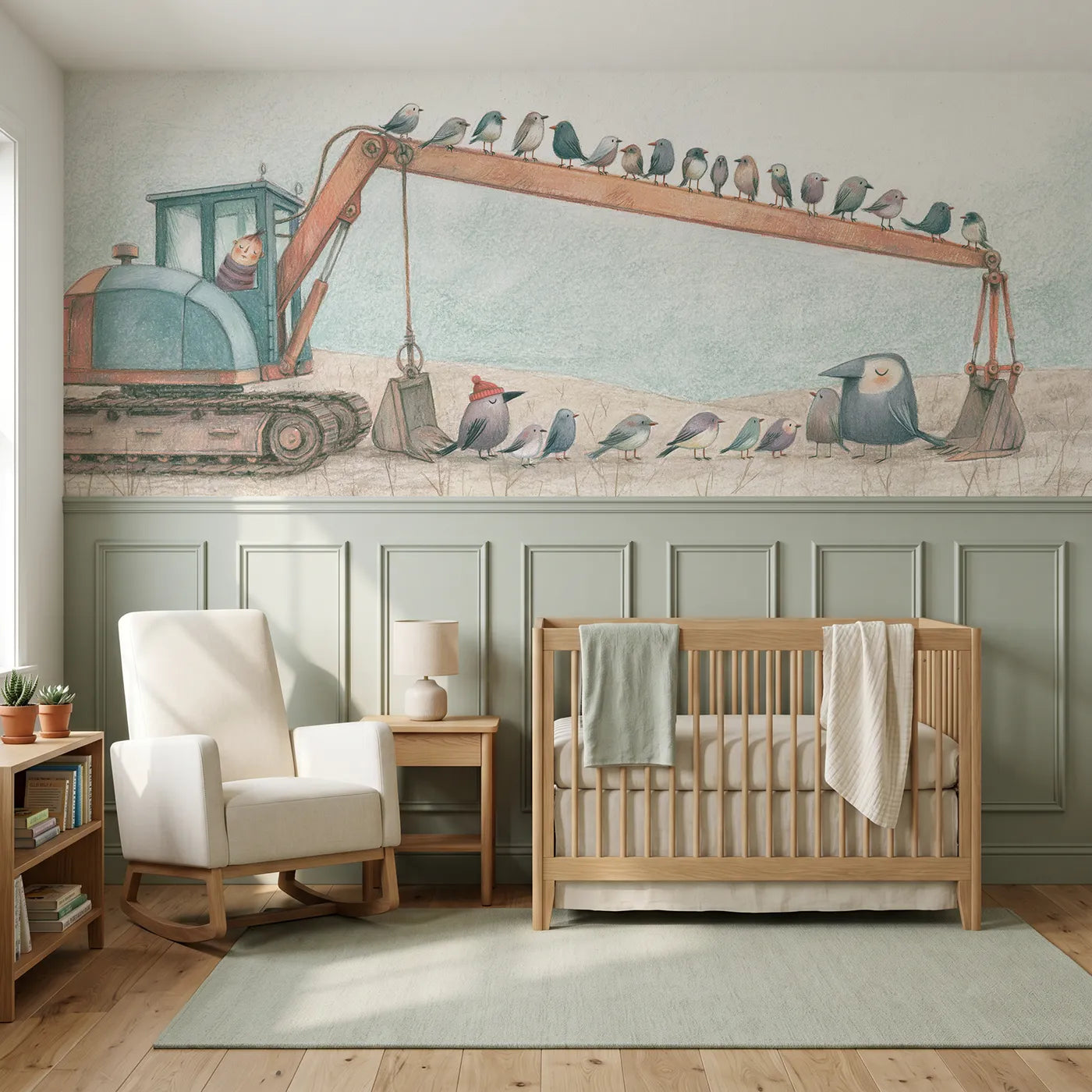Colored pencil wainscoting wallpaper of birds along an excavator arm by Whimsy Tots