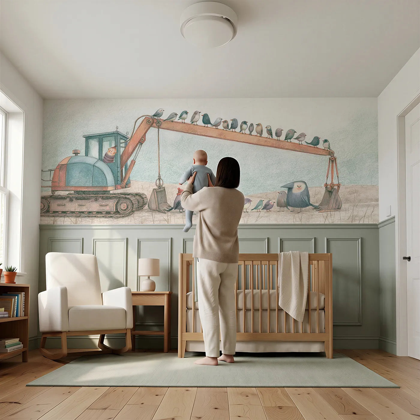 Child reading near Birds Along The Arm Wainscoting Wallpaper by Whimsy Tots