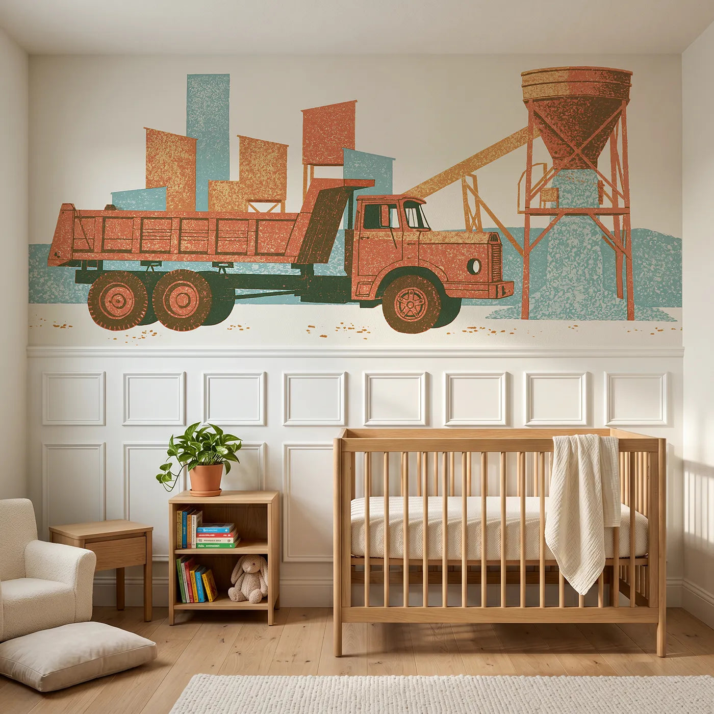 Block print wainscoting wallpaper of a carved dumper at the chute by Whimsy Tots