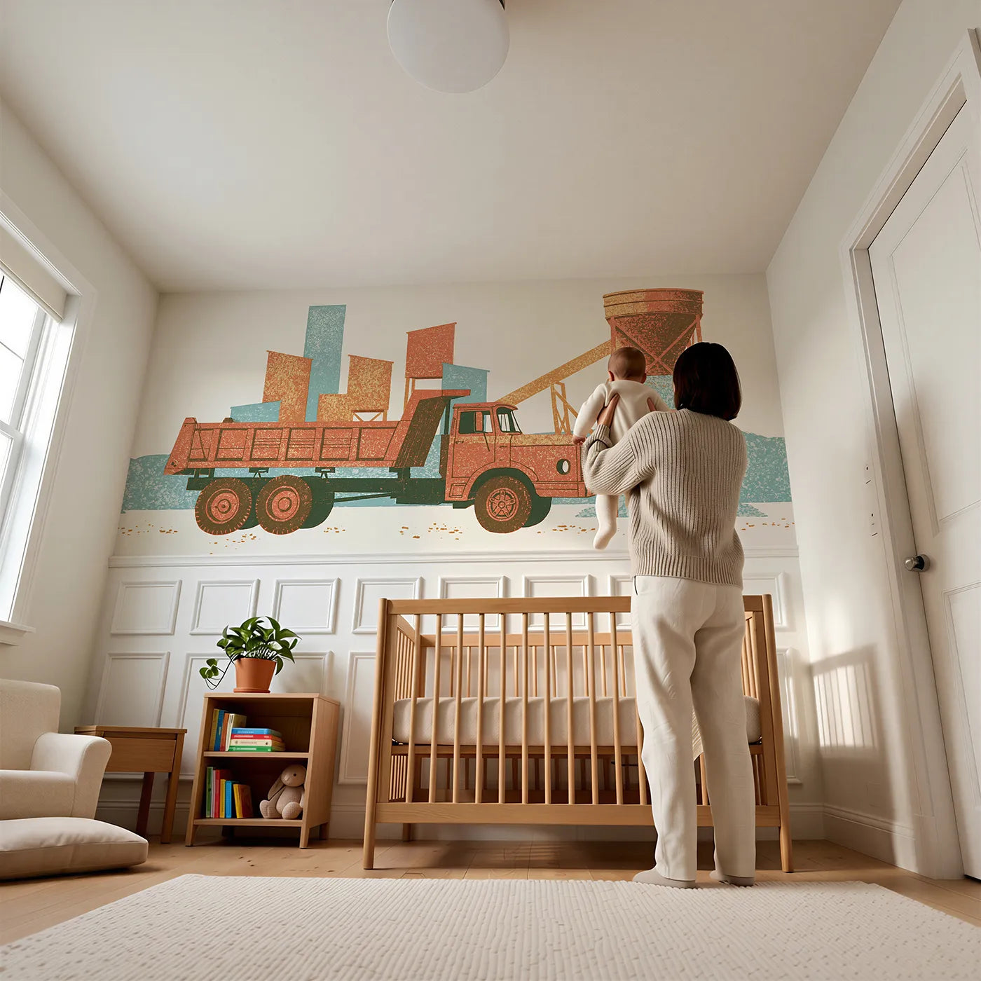 Child reading near Carved Dumper At Chute Wainscoting Wallpaper by Whimsy Tots