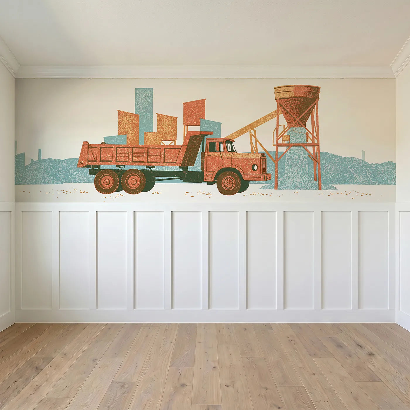Full panel view of Carved Dumper At Chute Wainscoting Wallpaper by Whimsy Tots
