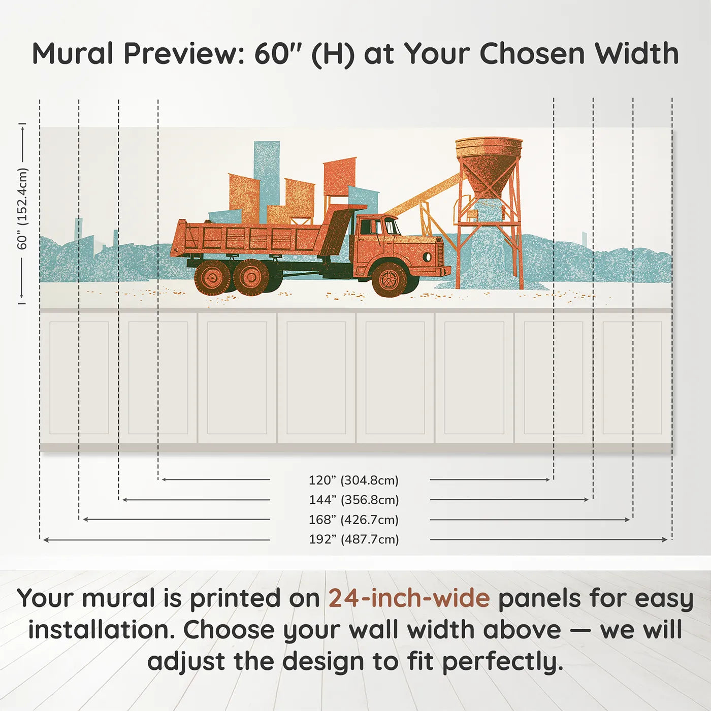 Panel dimensions for Carved Dumper At Chute Wainscoting Wallpaper by Whimsy Tots