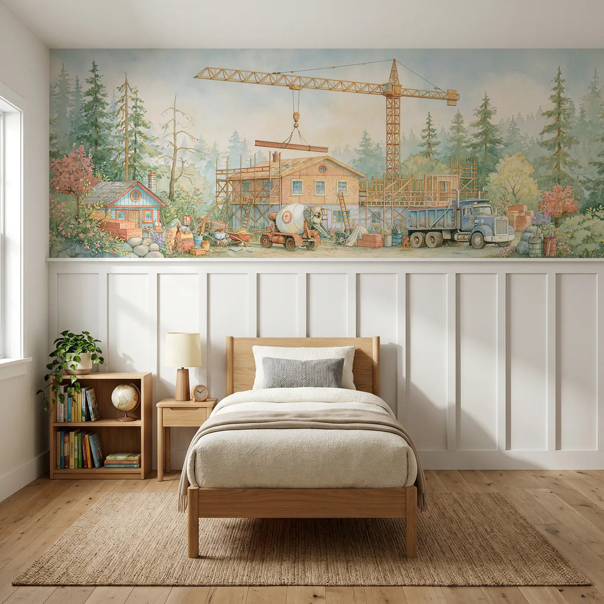 Storybook wainscoting wallpaper of a crane lifting the beam by Whimsy Tots