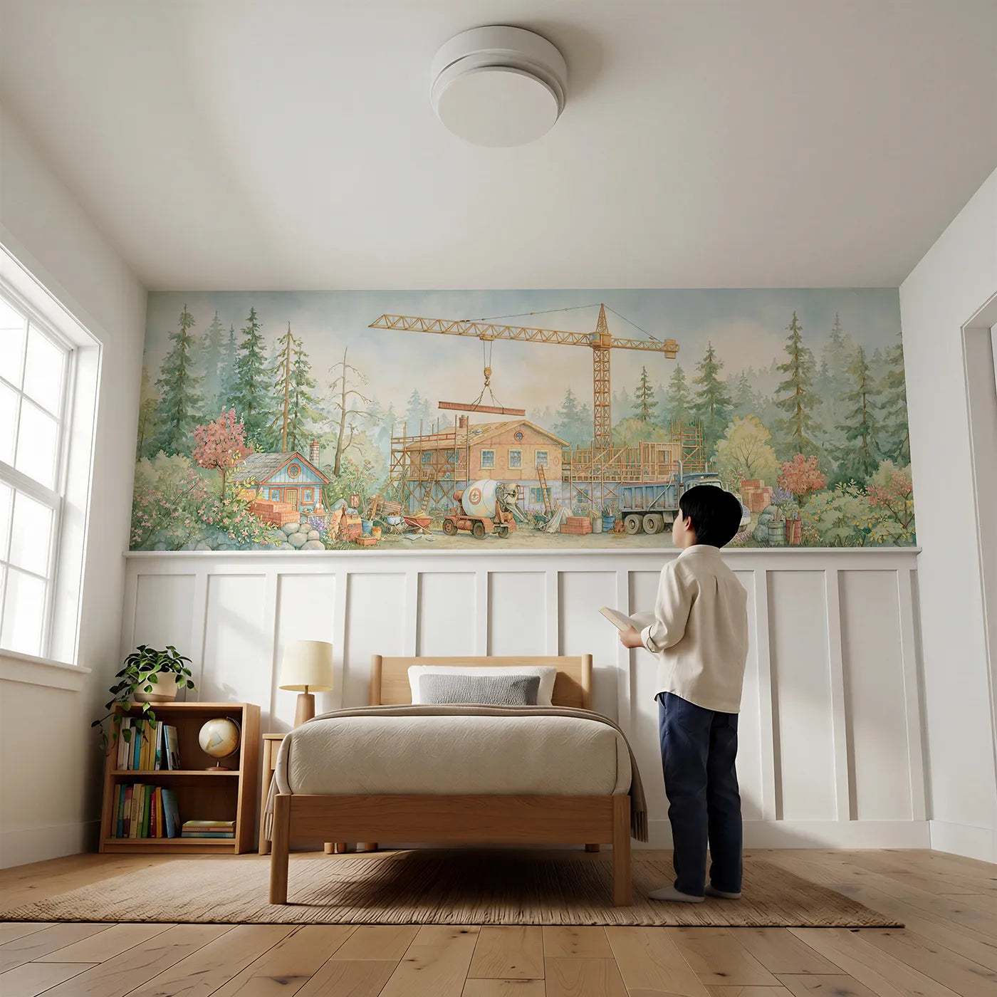Child reading near The Crane Lifts The Beam Wainscoting Wallpaper by Whimsy Tots