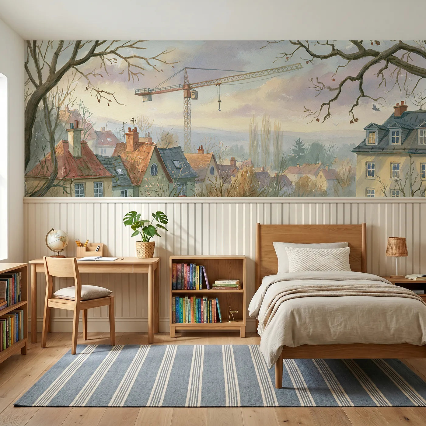 Storybook wainscoting wallpaper of a crane cab high over town by Whimsy Tots