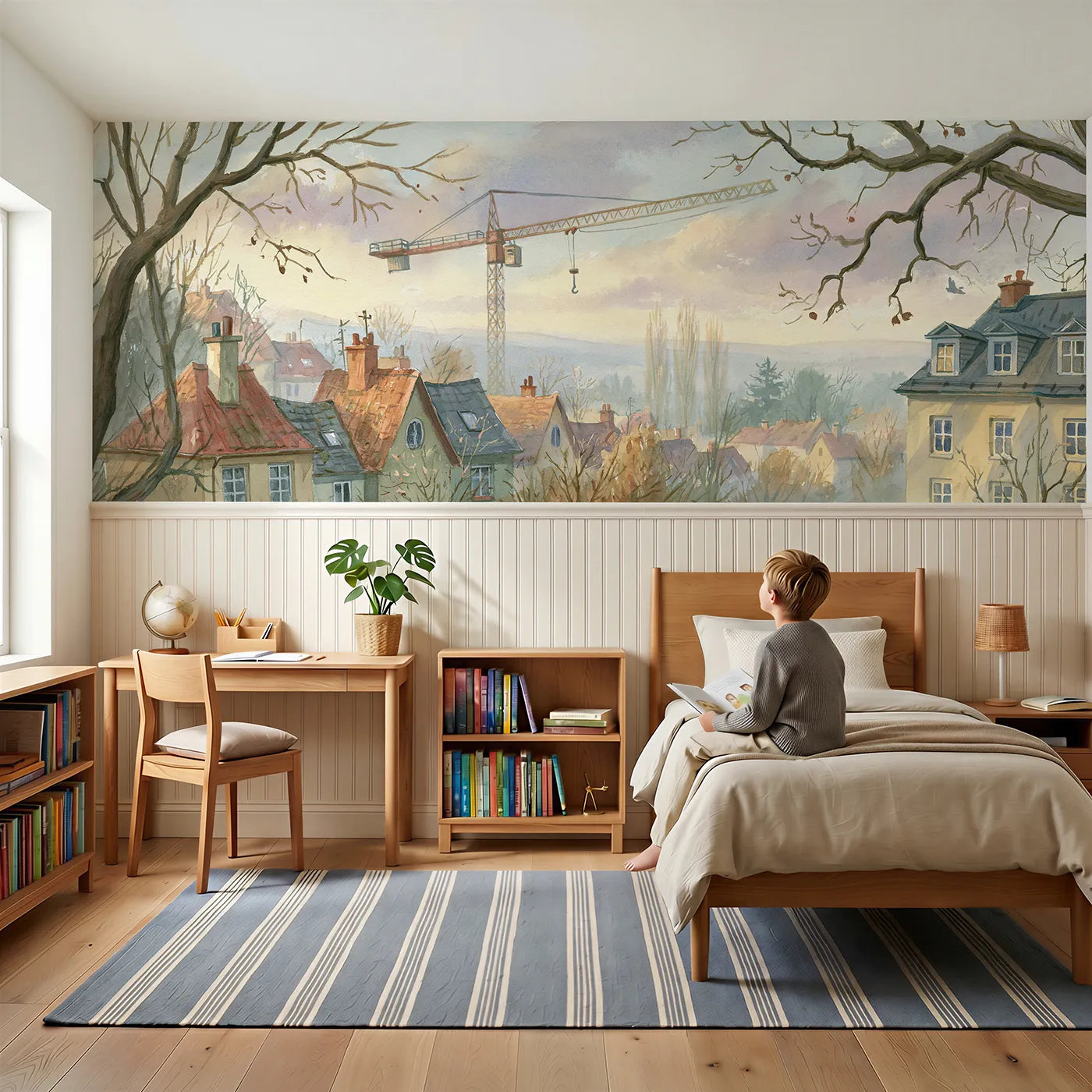Child reading near Cab High Over Town Wainscoting Wallpaper by Whimsy Tots