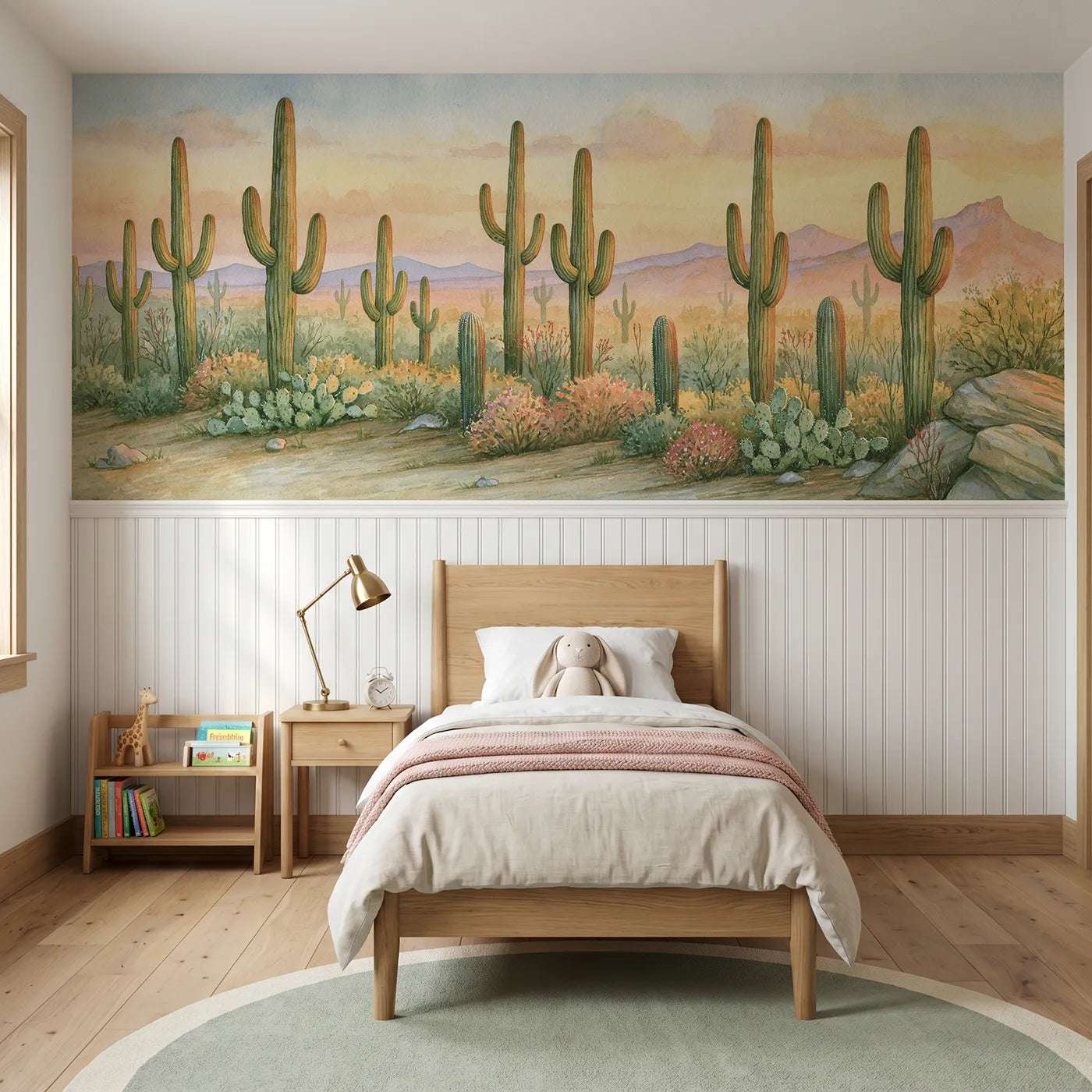 Storybook wainscoting wallpaper of a saguaro family at dusk by Whimsy Tots