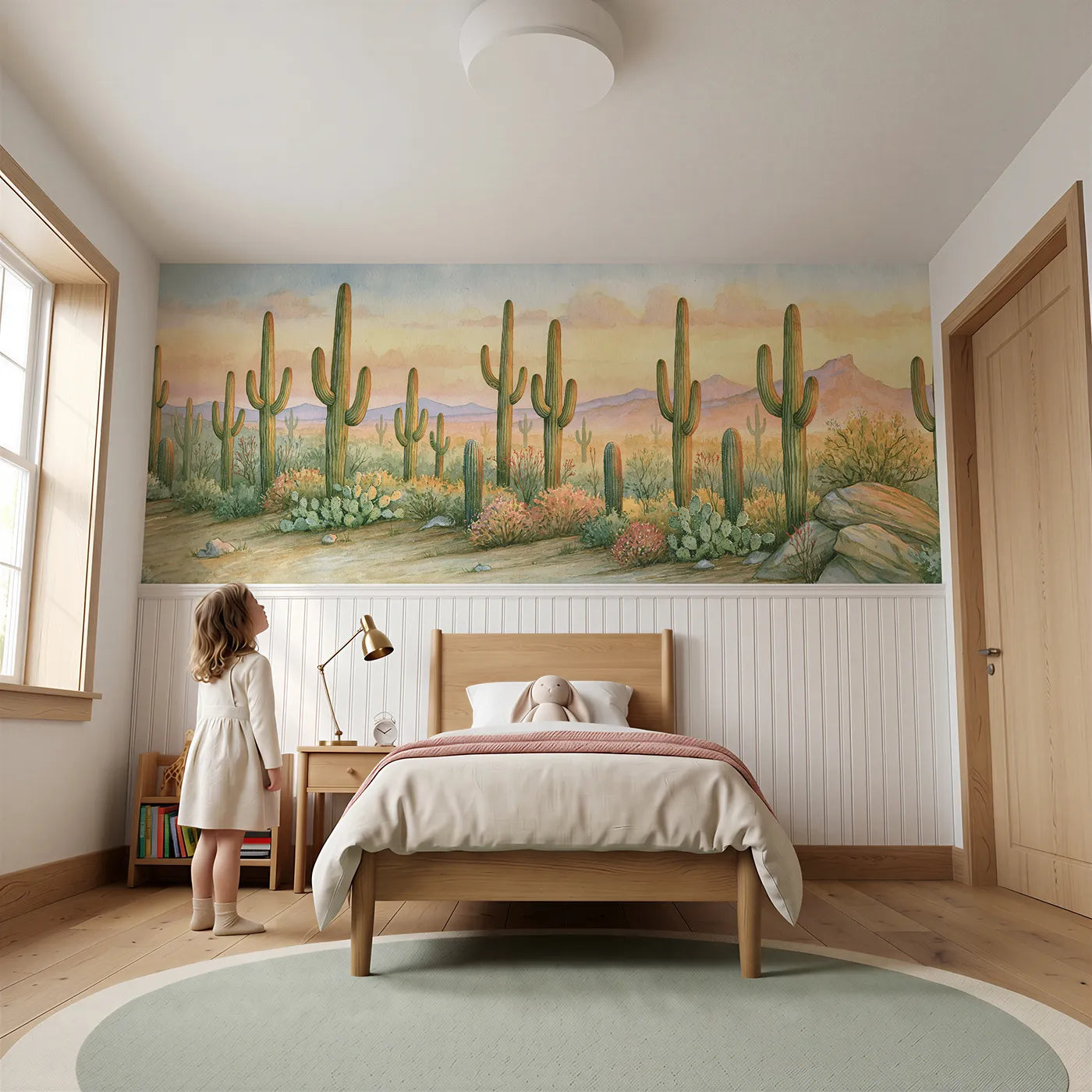 Child reading near Saguaro Family At Dusk Wainscoting Wallpaper by Whimsy Tots