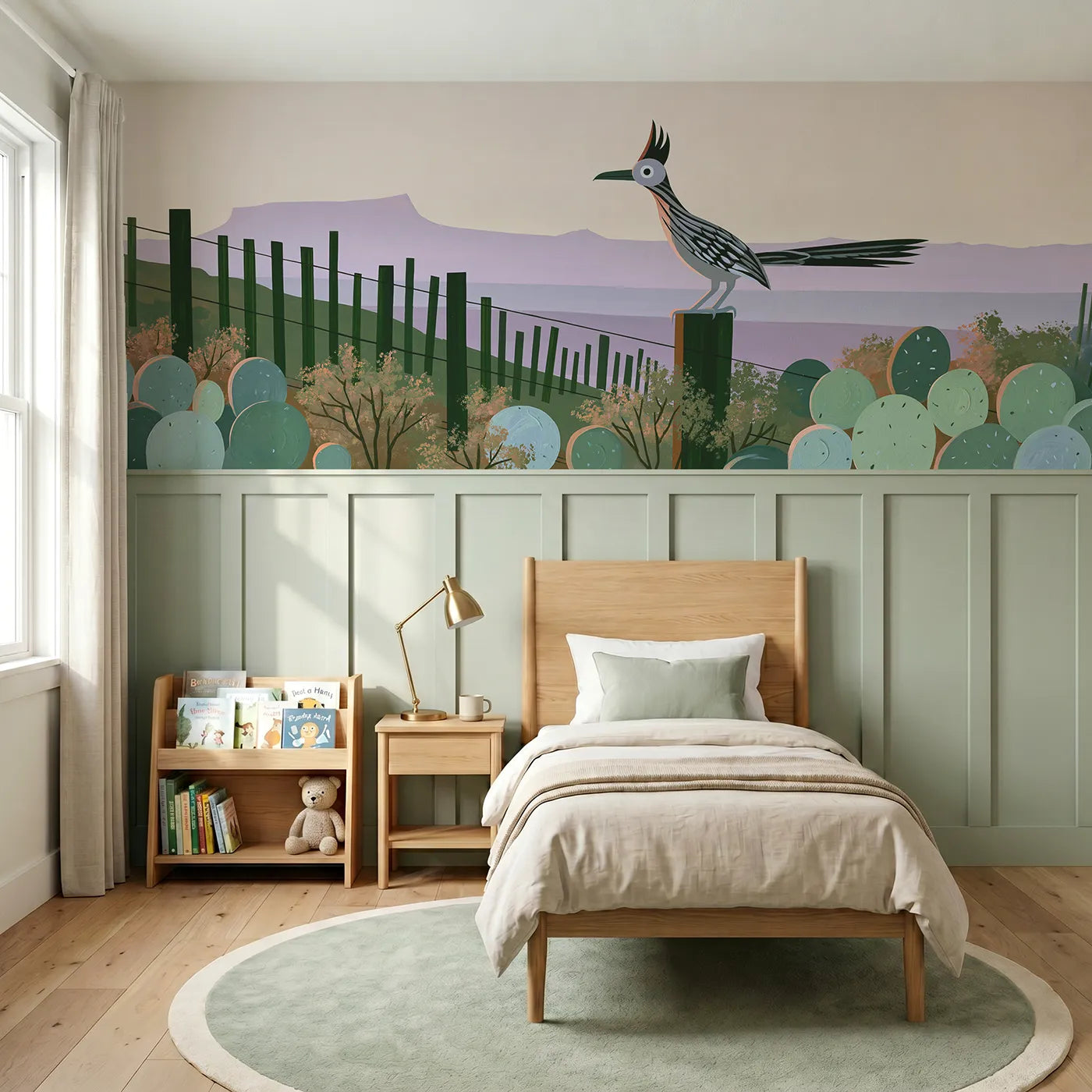 Modern illustration wainscoting wallpaper of a roadrunner on a post by Whimsy Tots