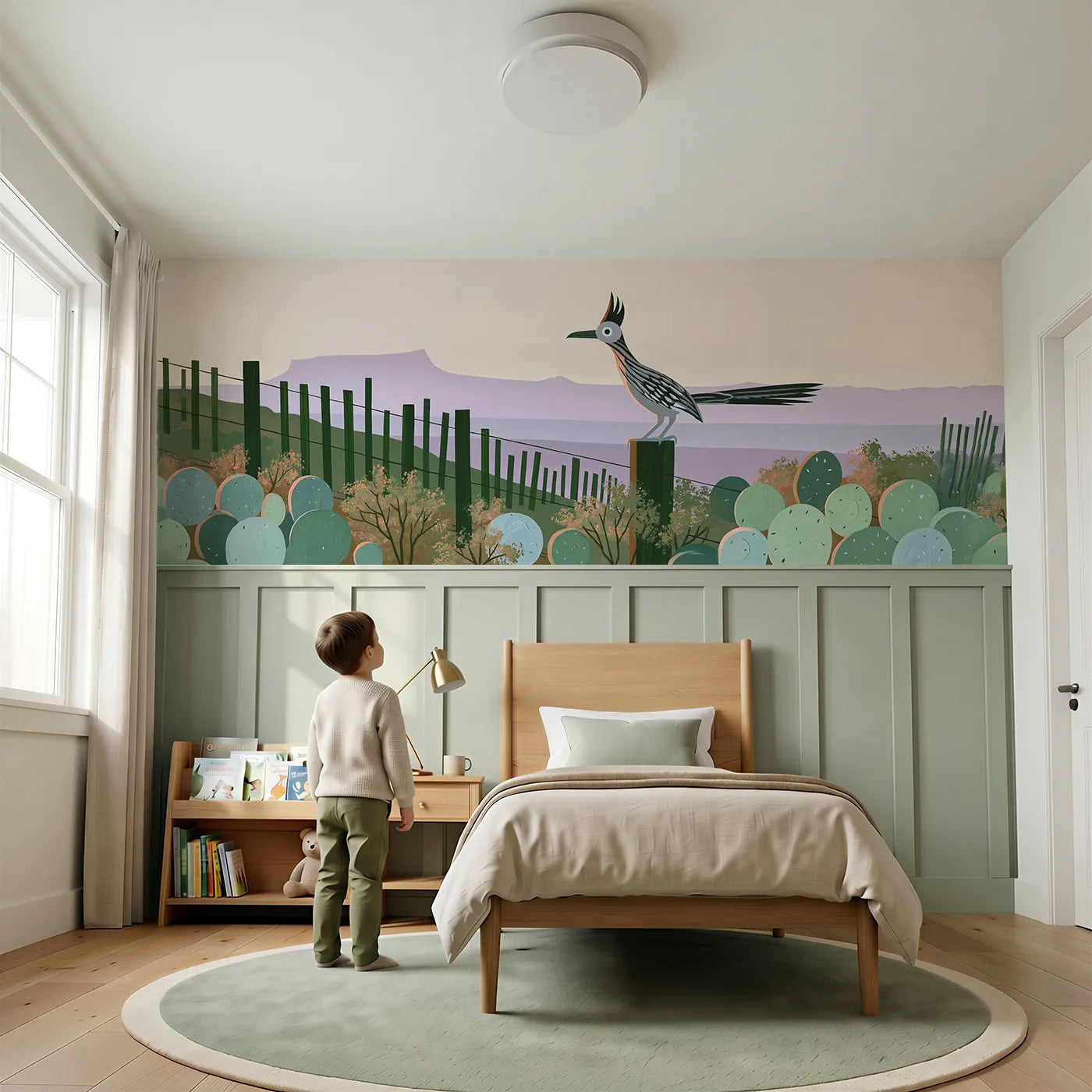 Child reading near Roadrunner On The Post Wainscoting Wallpaper by Whimsy Tots