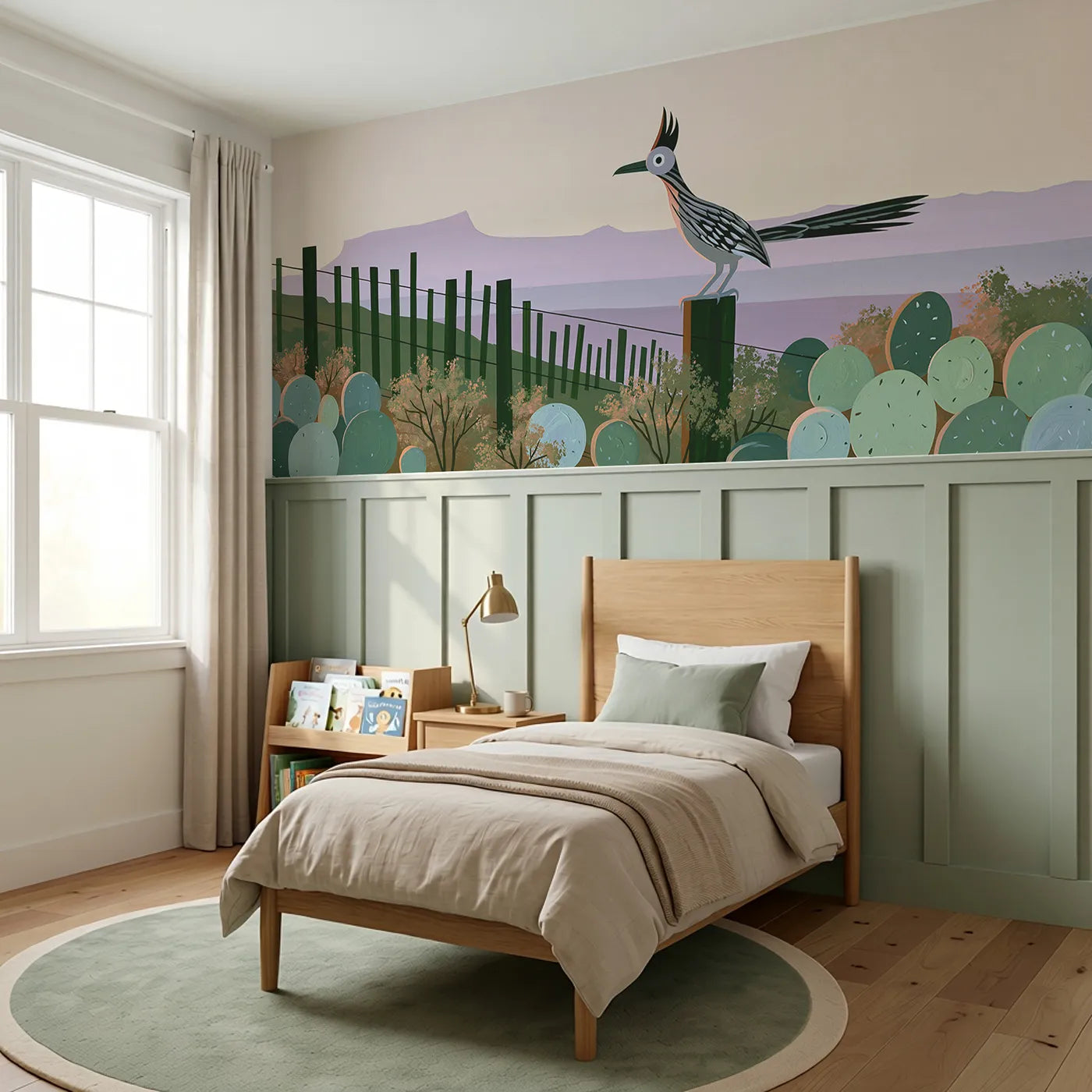 Roadrunner On The Post Wainscoting Wallpaper styled in a kids room by Whimsy Tots