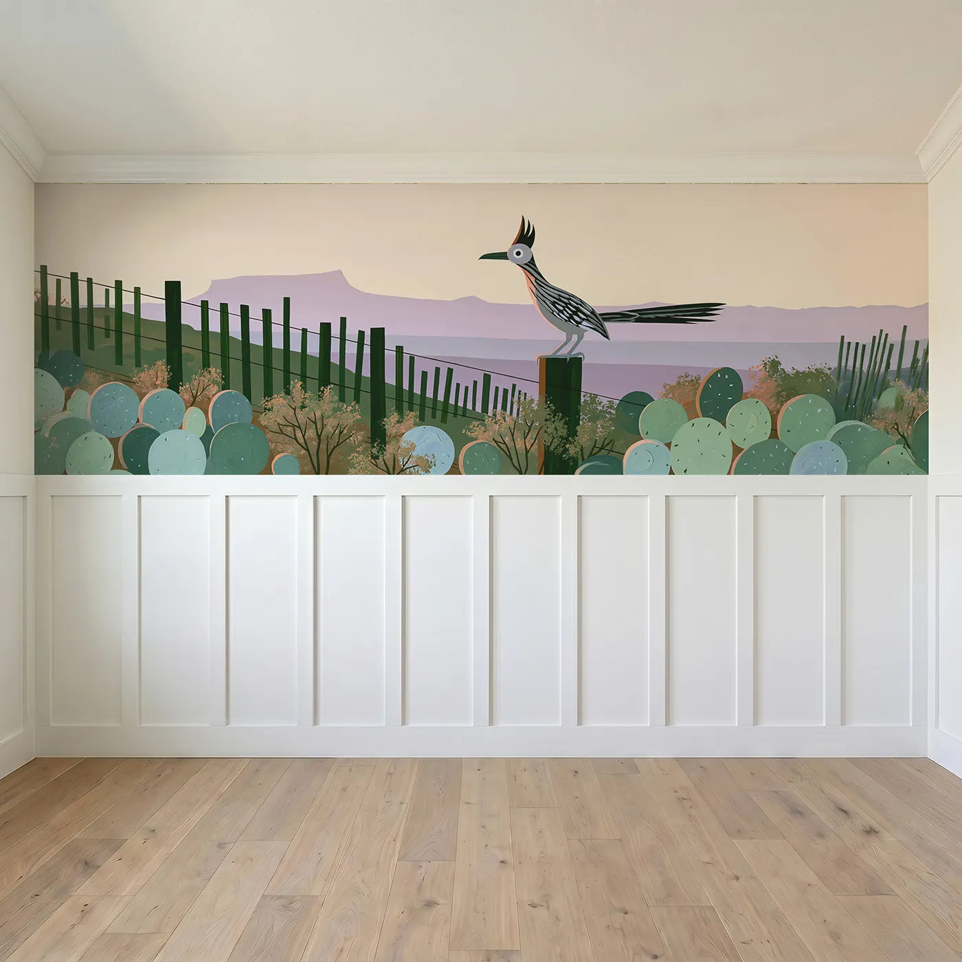 Full panel view of Roadrunner On The Post Wainscoting Wallpaper by Whimsy Tots