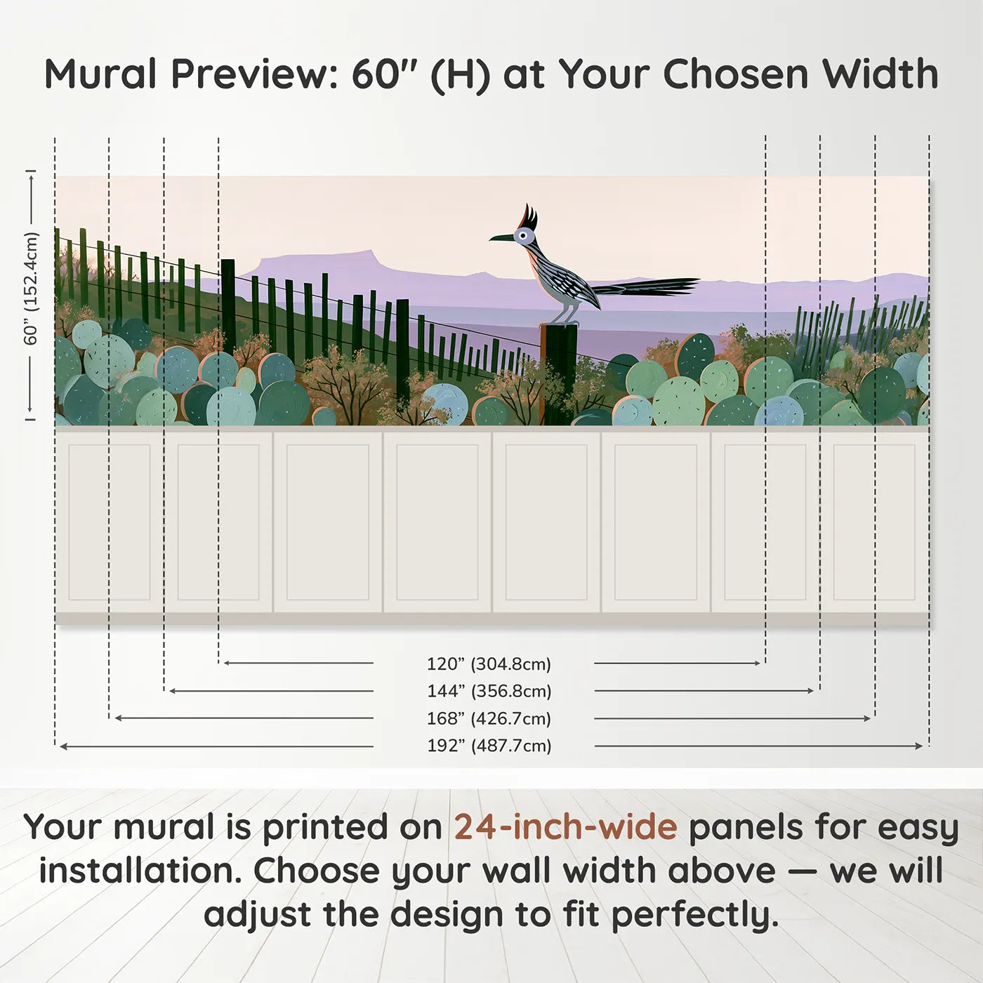 Panel dimensions for Roadrunner On The Post Wainscoting Wallpaper by Whimsy Tots