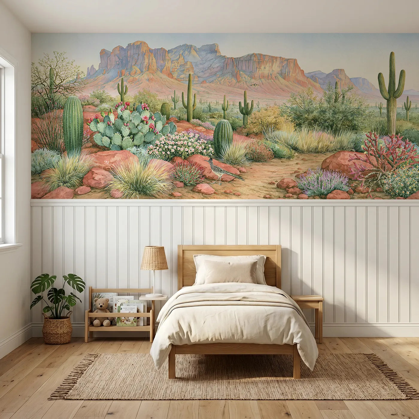 Storybook wainscoting mural of bright red mesa country by Whimsy Tots