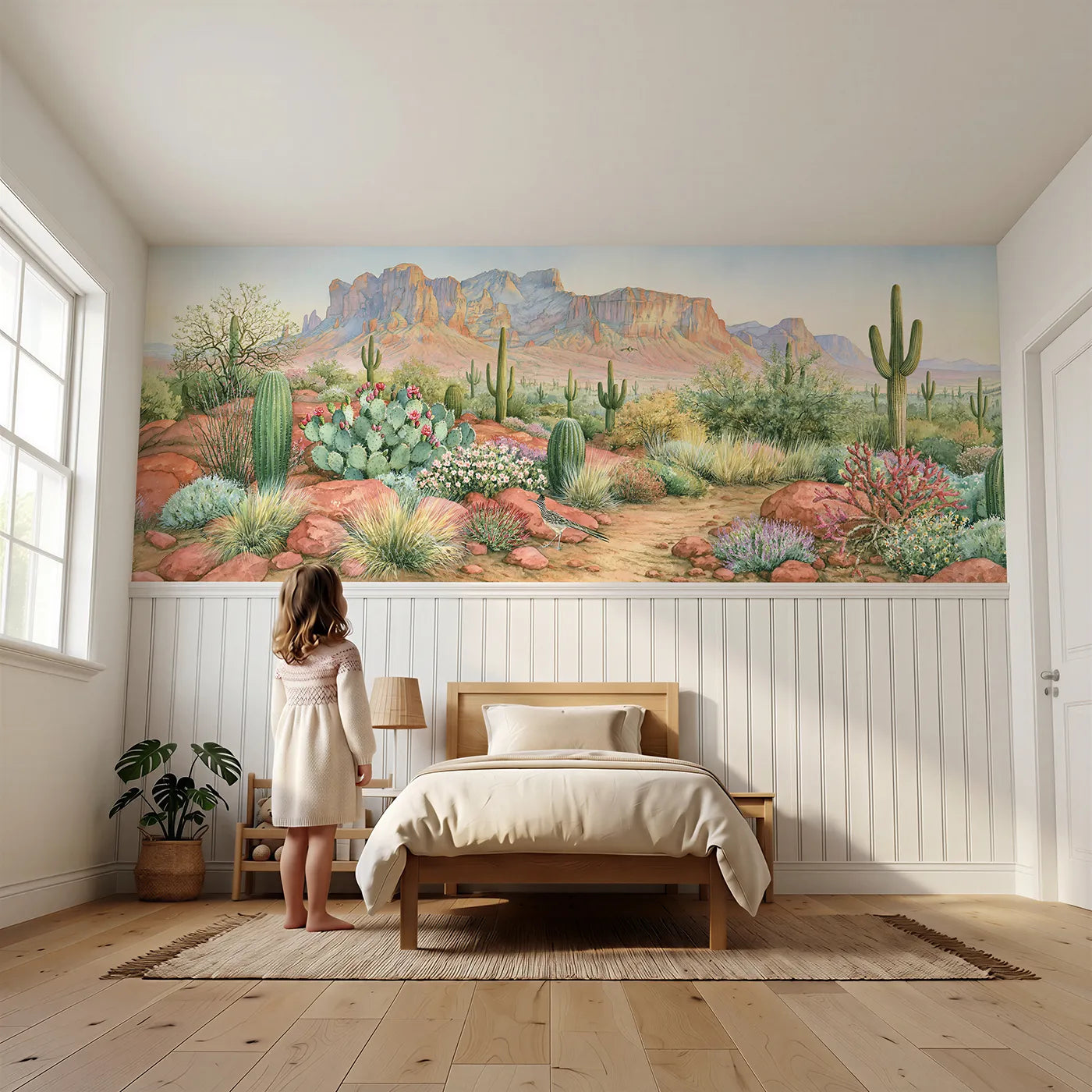 Child reading near Red Mesa Country Wainscoting Wallpaper by Whimsy Tots